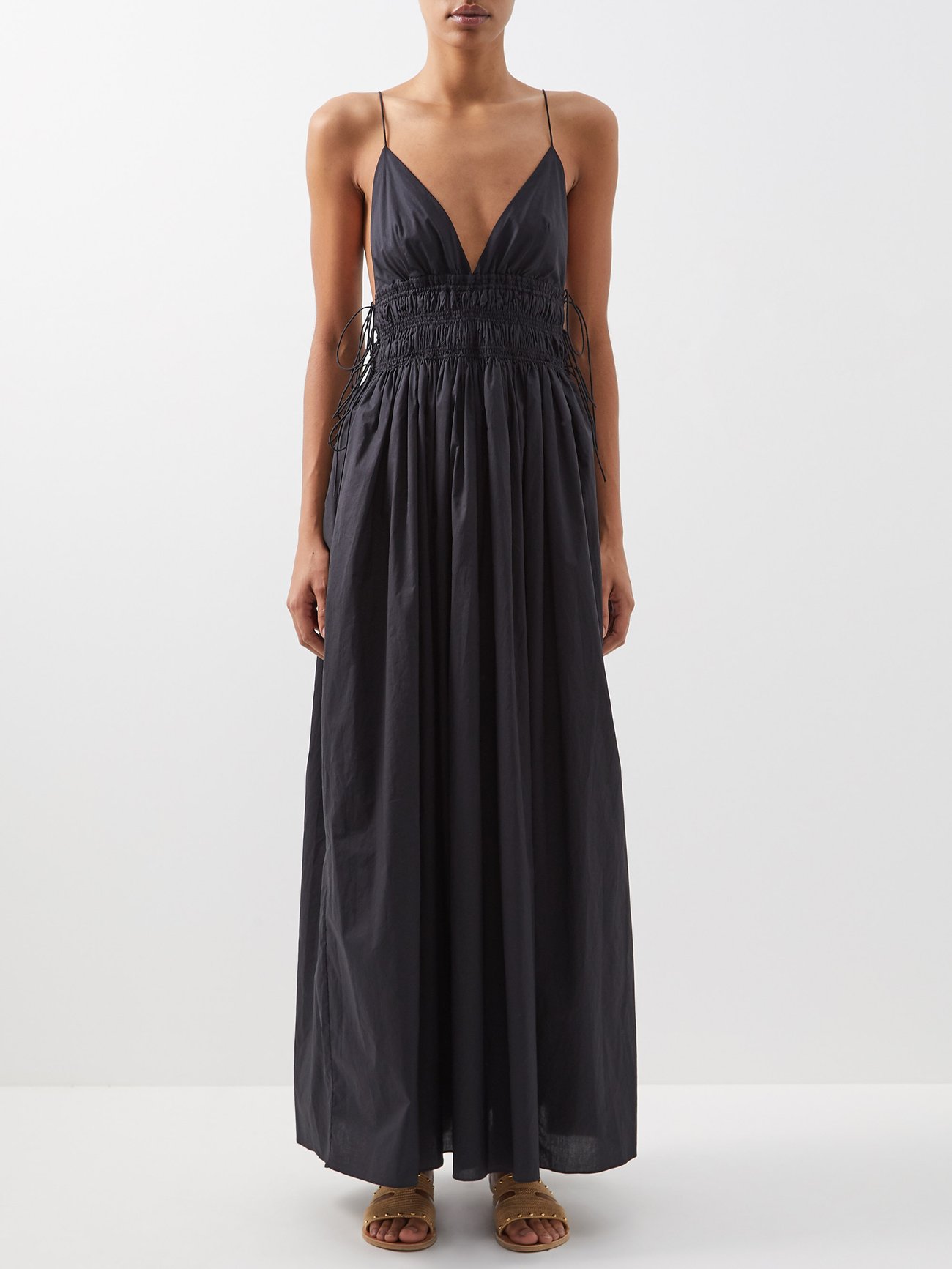 Black Gathered organic-cotton poplin maxi dress | Matteau ...