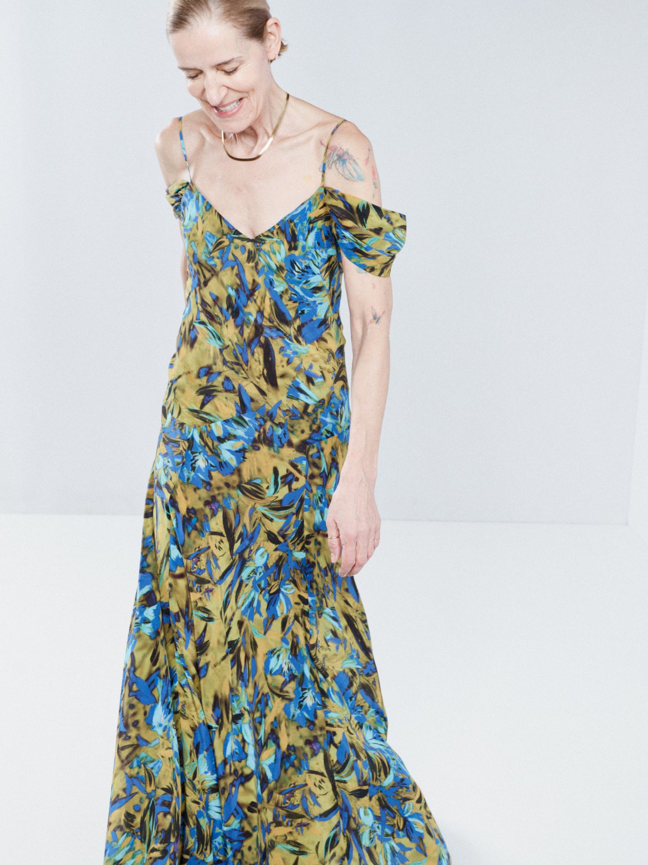 Raey's silk-crepe dress is printed with an abstract floral pattern and made with a V-neck that's framed with off-the-shoulder sleeves.