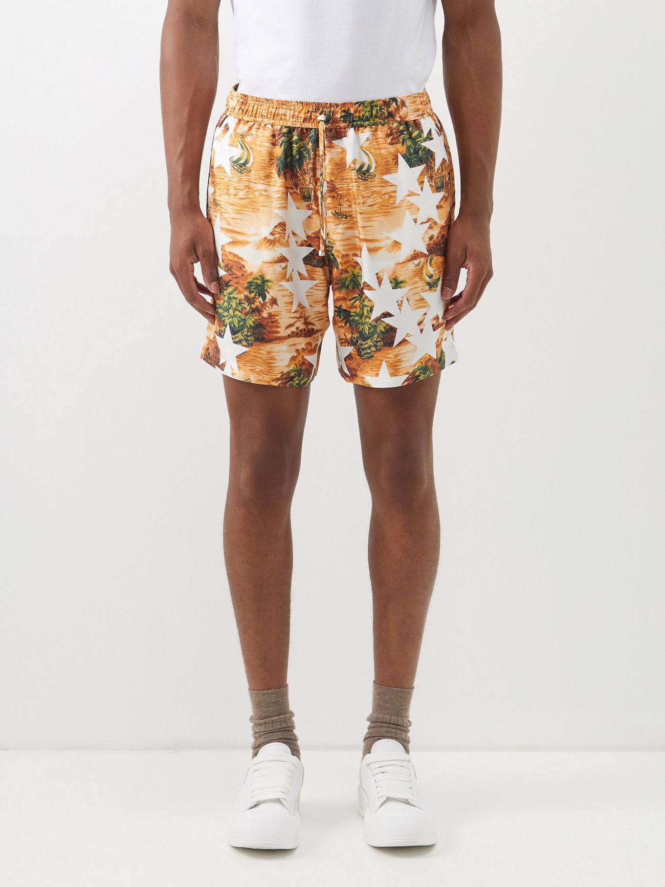 Tropical-print silk-twill Bermuda shorts