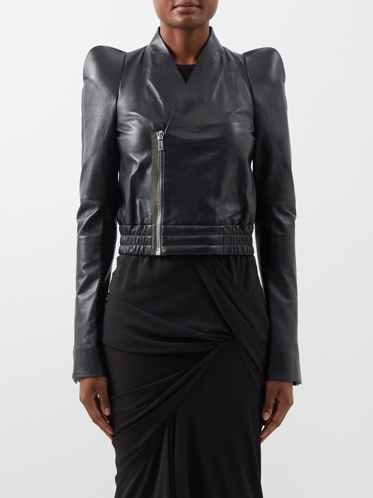 Black Zionic exaggerated-shoulder leather biker jacket | Rick Owens ...