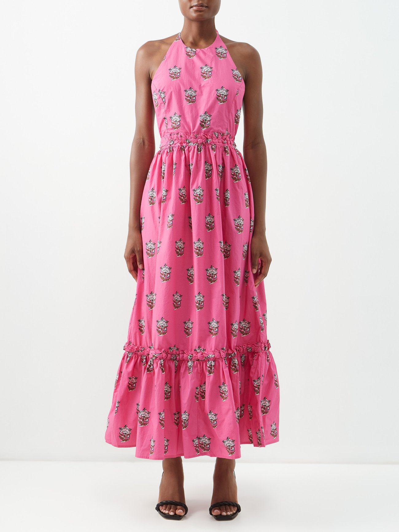 RHODE’s spirited charm echoes throughout this pink Salena halterneck dress with cinched waist. Made from printed cotton with a low back and loose maxi skirt with frill hem detail.