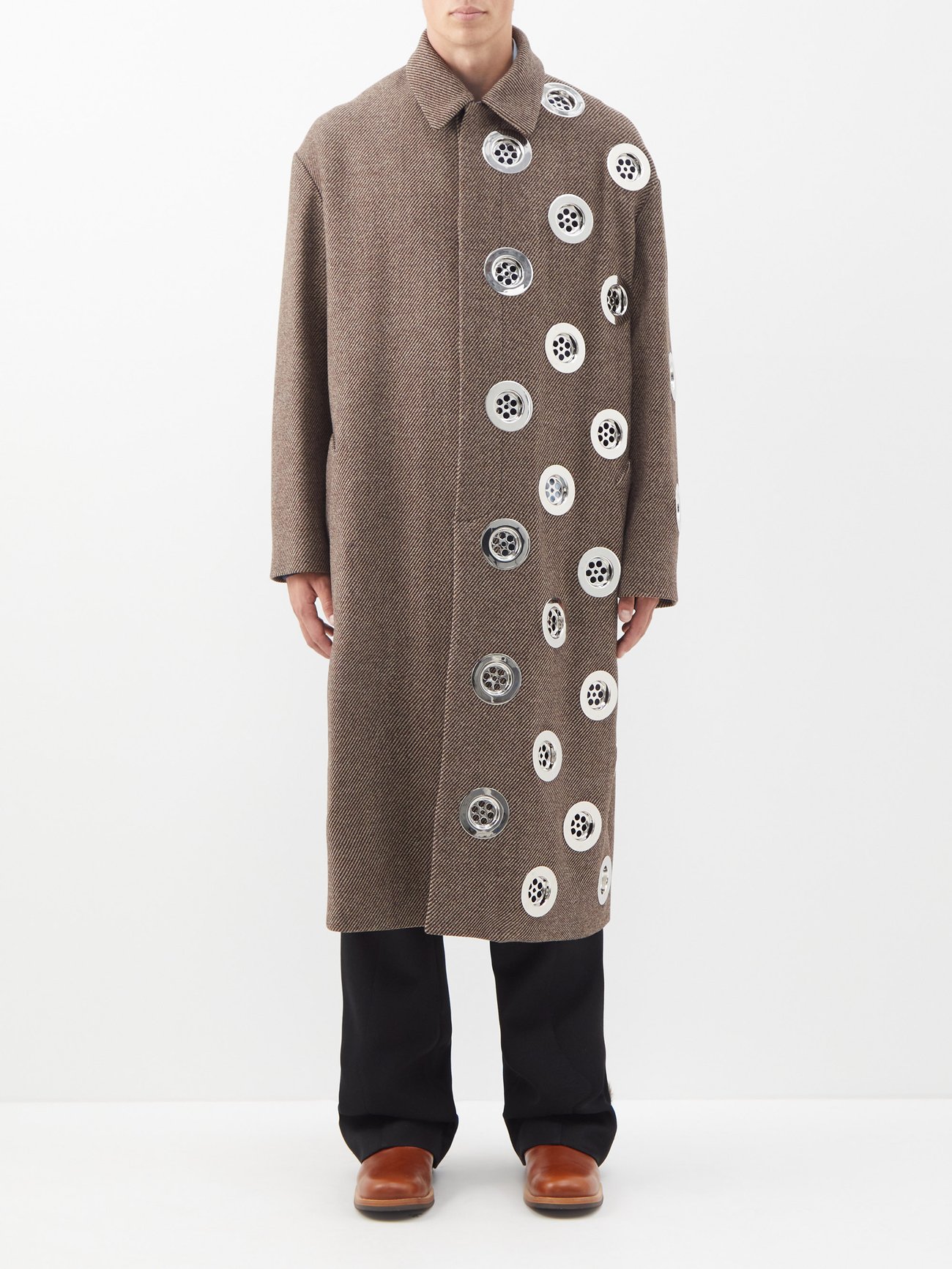 Drain hole-embellished wool-blend overcoat