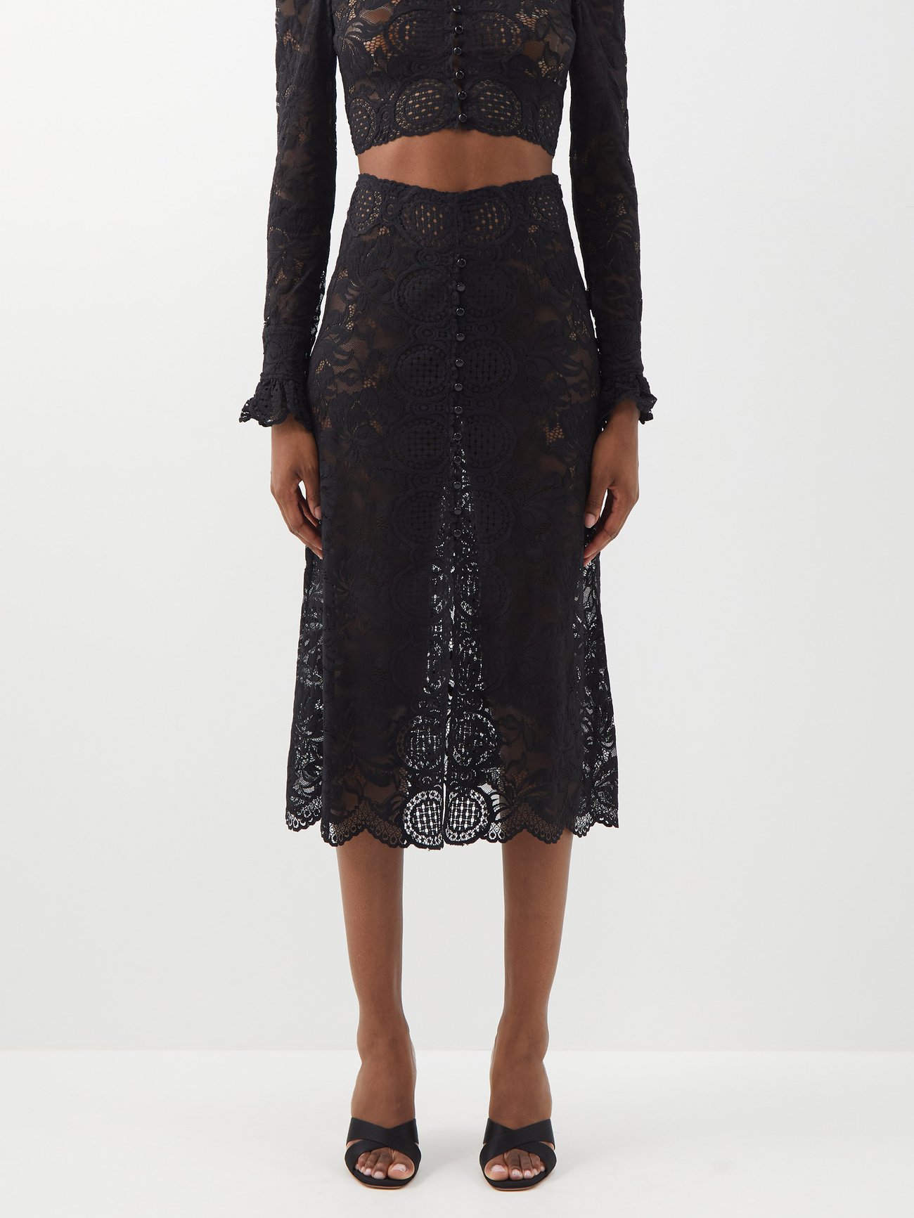 High-rise floral-lace midi skirt
