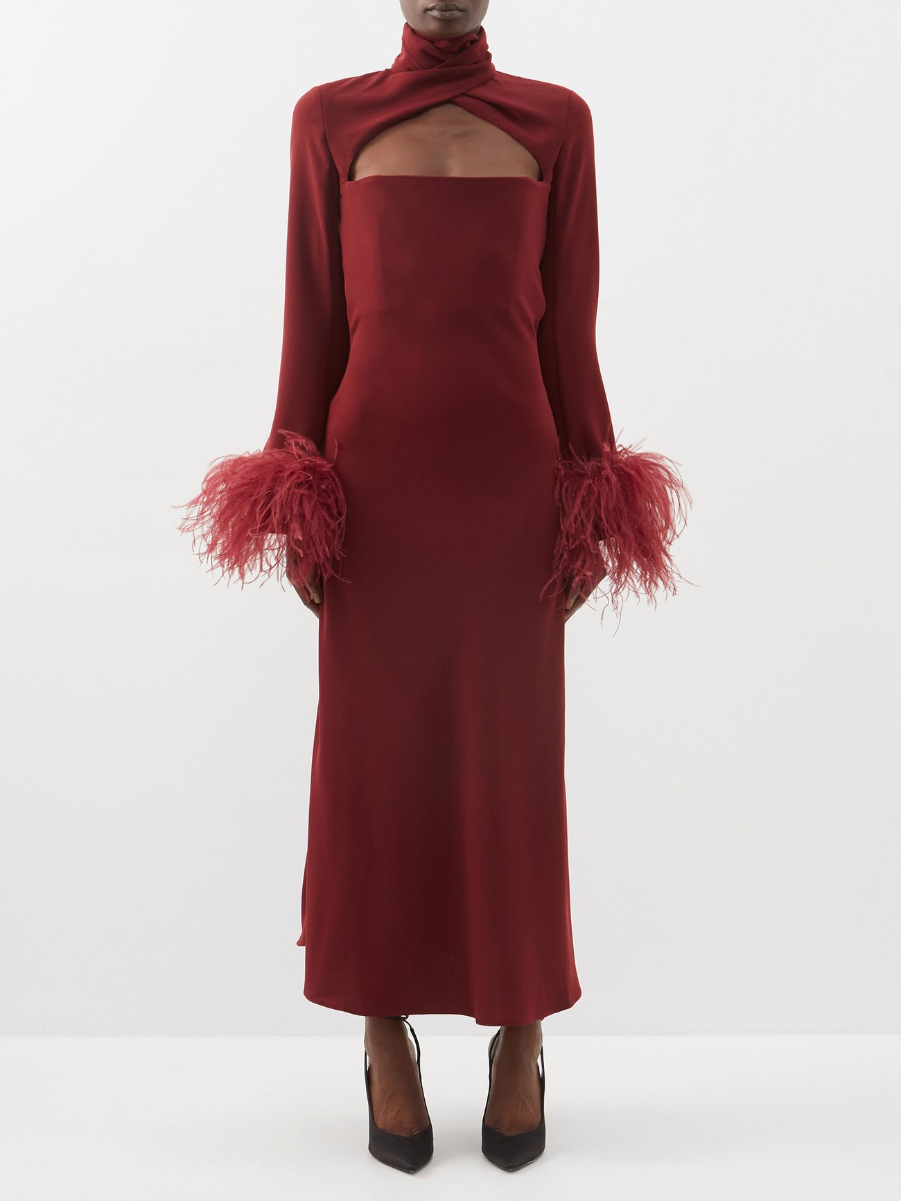 16 Arlington's glamorous feather-trimmed pieces make an instant impact as seen in this burgundy Odessa midi dress, shaped with a high wrapped neck and cutout décolleté.