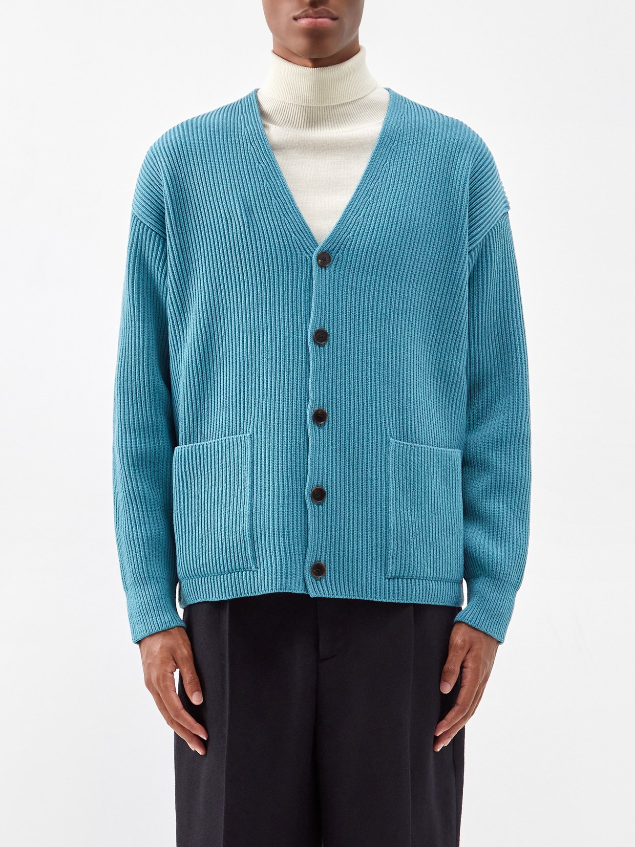 Blue Patch-pocket ribbed-wool cardigan | Auralee