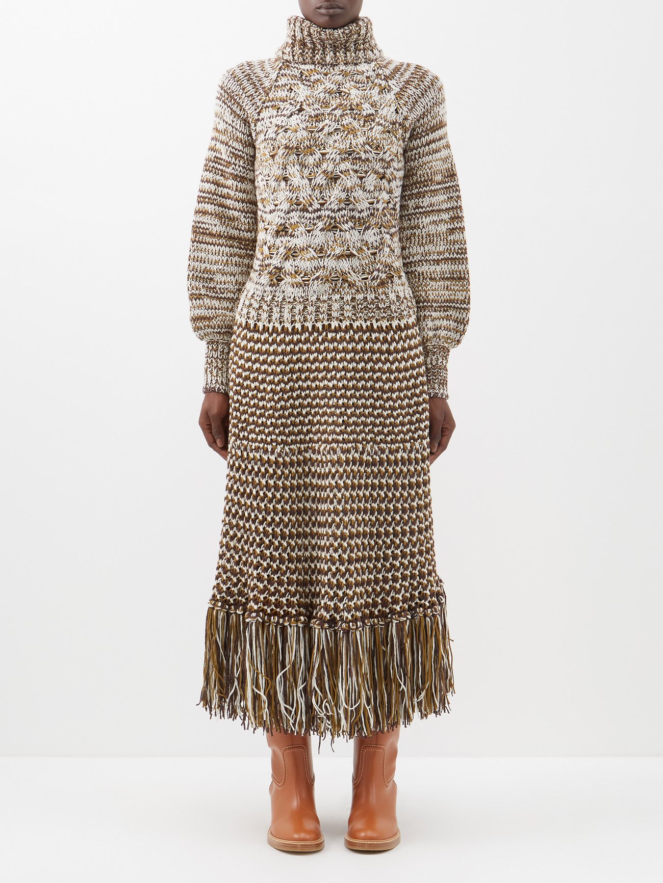 Etro Beige Marina fringed cable-knit midi sweater dress | 매치스패션, 모던 럭셔리 ...