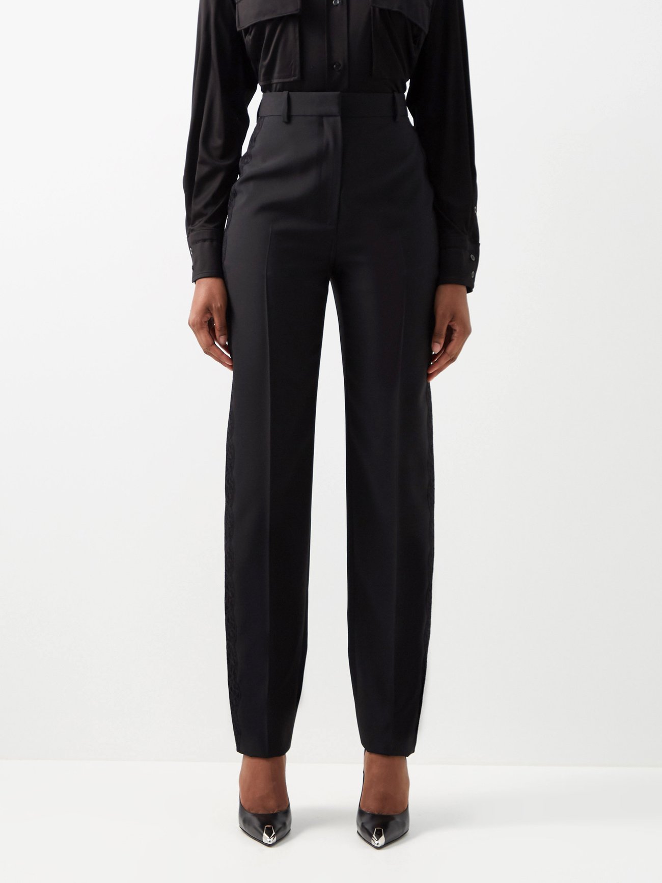 Black Lace-inset wool tuxedo trousers | Alexander McQueen ...