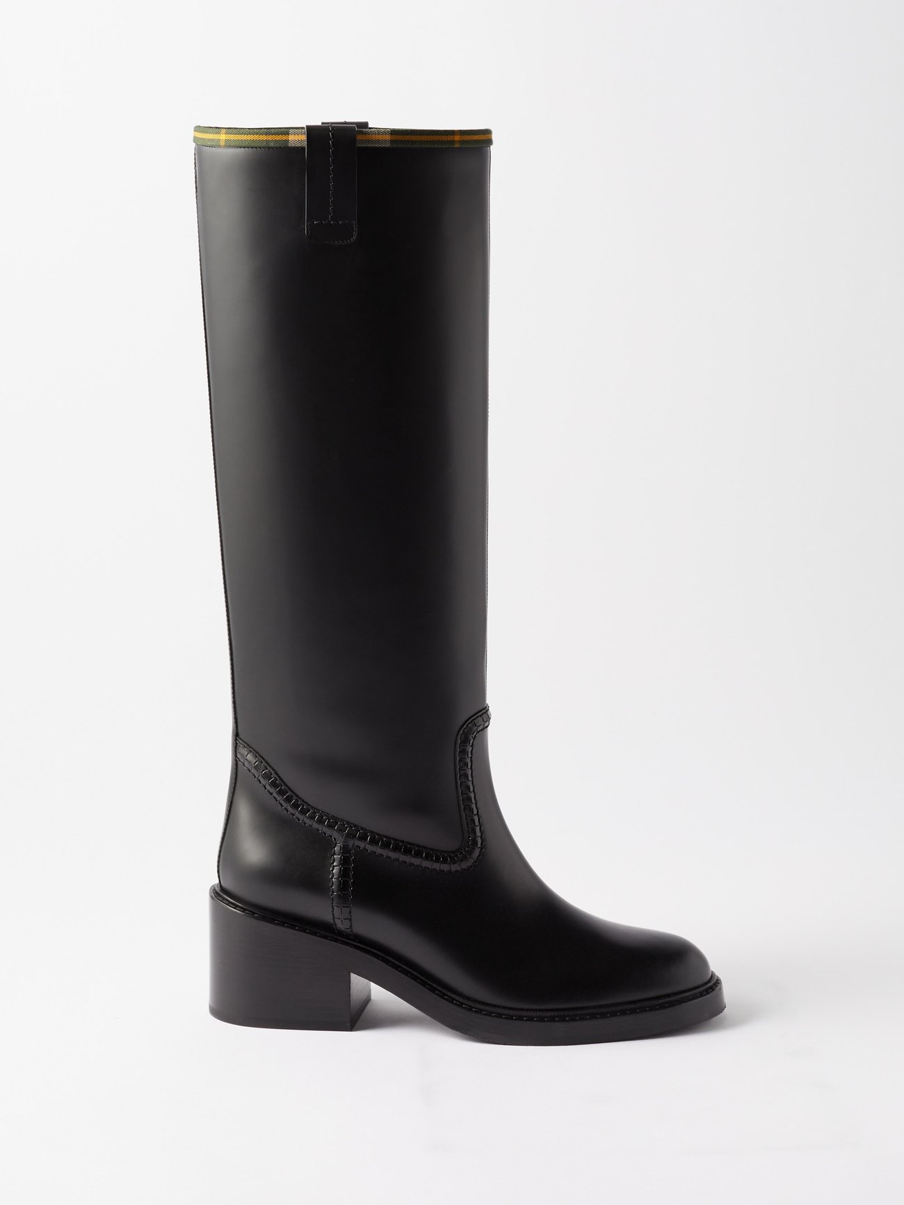 Chloé Chloé X Barbour tartan-trimmed leather knee-high boots Black ...