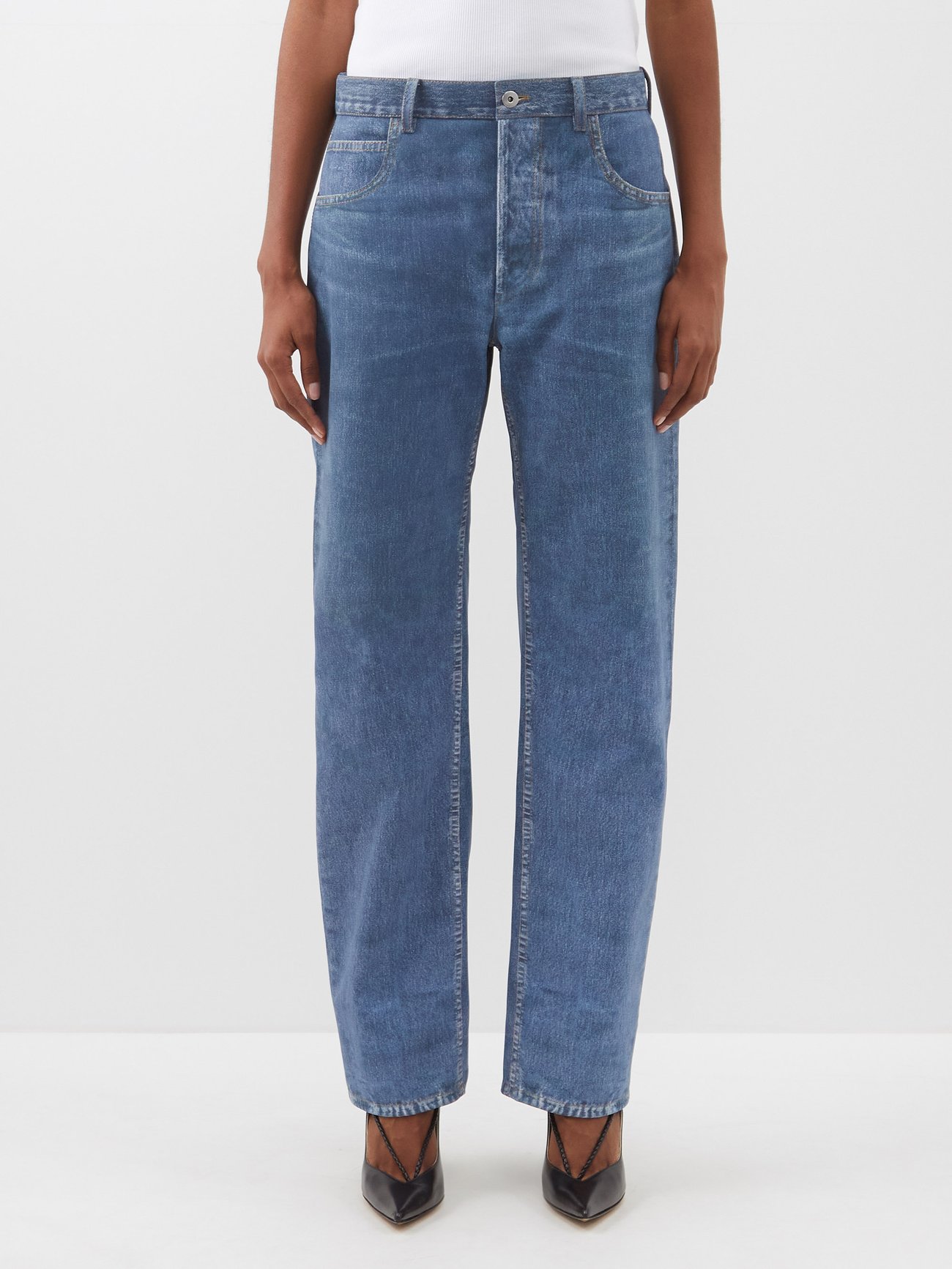 Bottega Veneta Blue Denim-printed leather trousers | 매치스패션, 모던 럭셔리 온라인 쇼핑