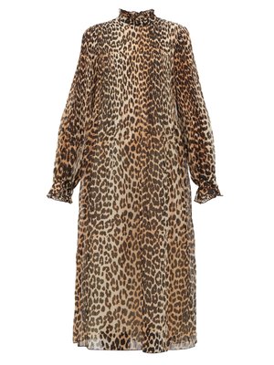 Leopard-print plissé midi dress | Ganni | MATCHESFASHION US
