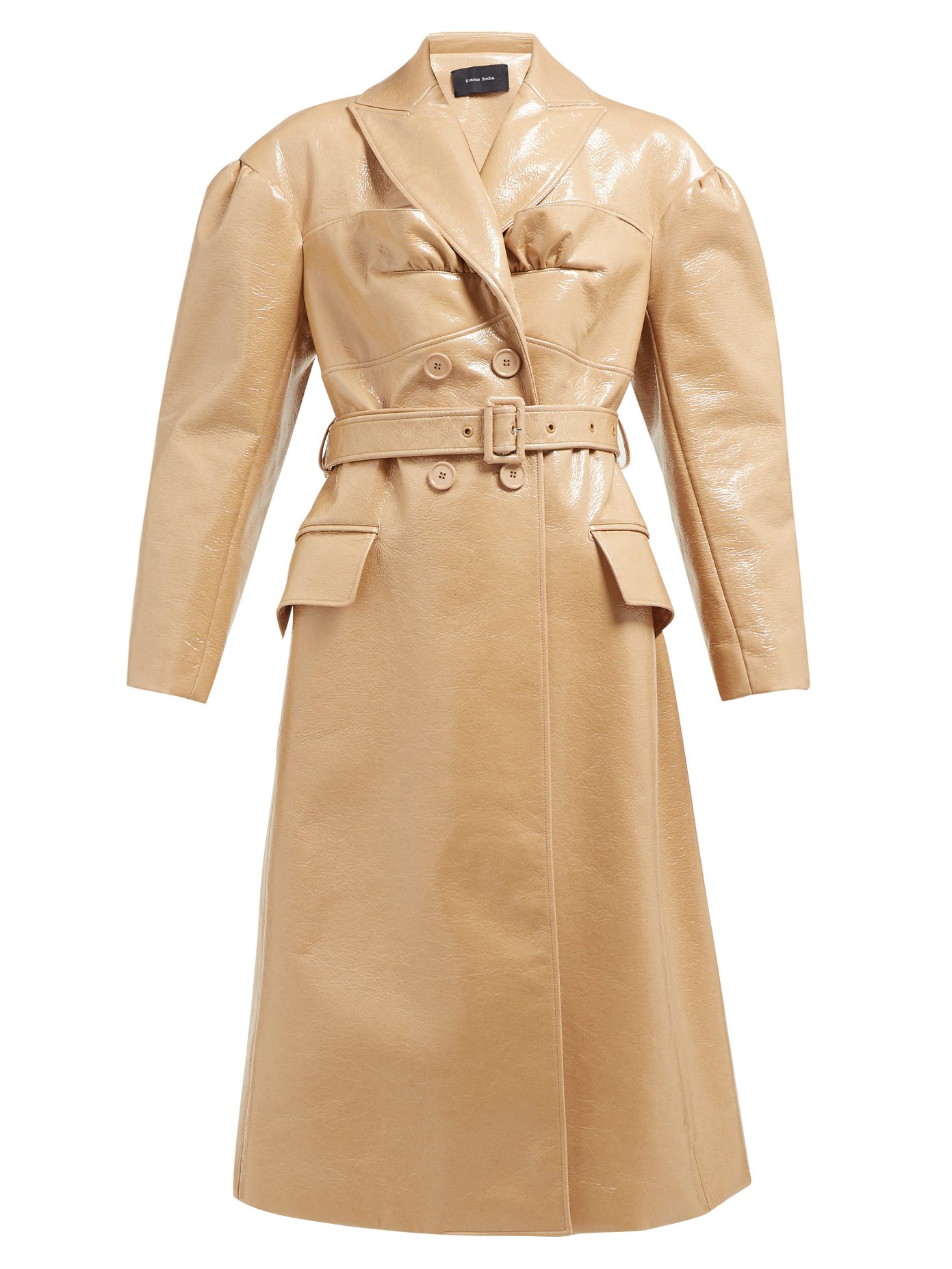 Double-breasted laminated wool-blend coat
