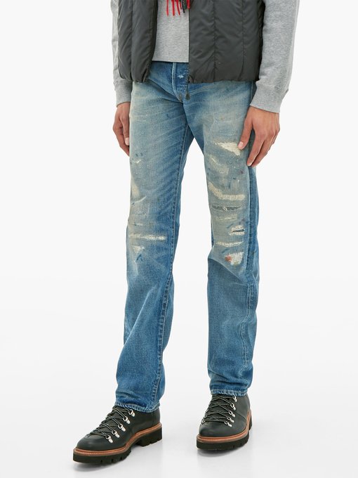 Distressed selvedge straight-leg jeans 