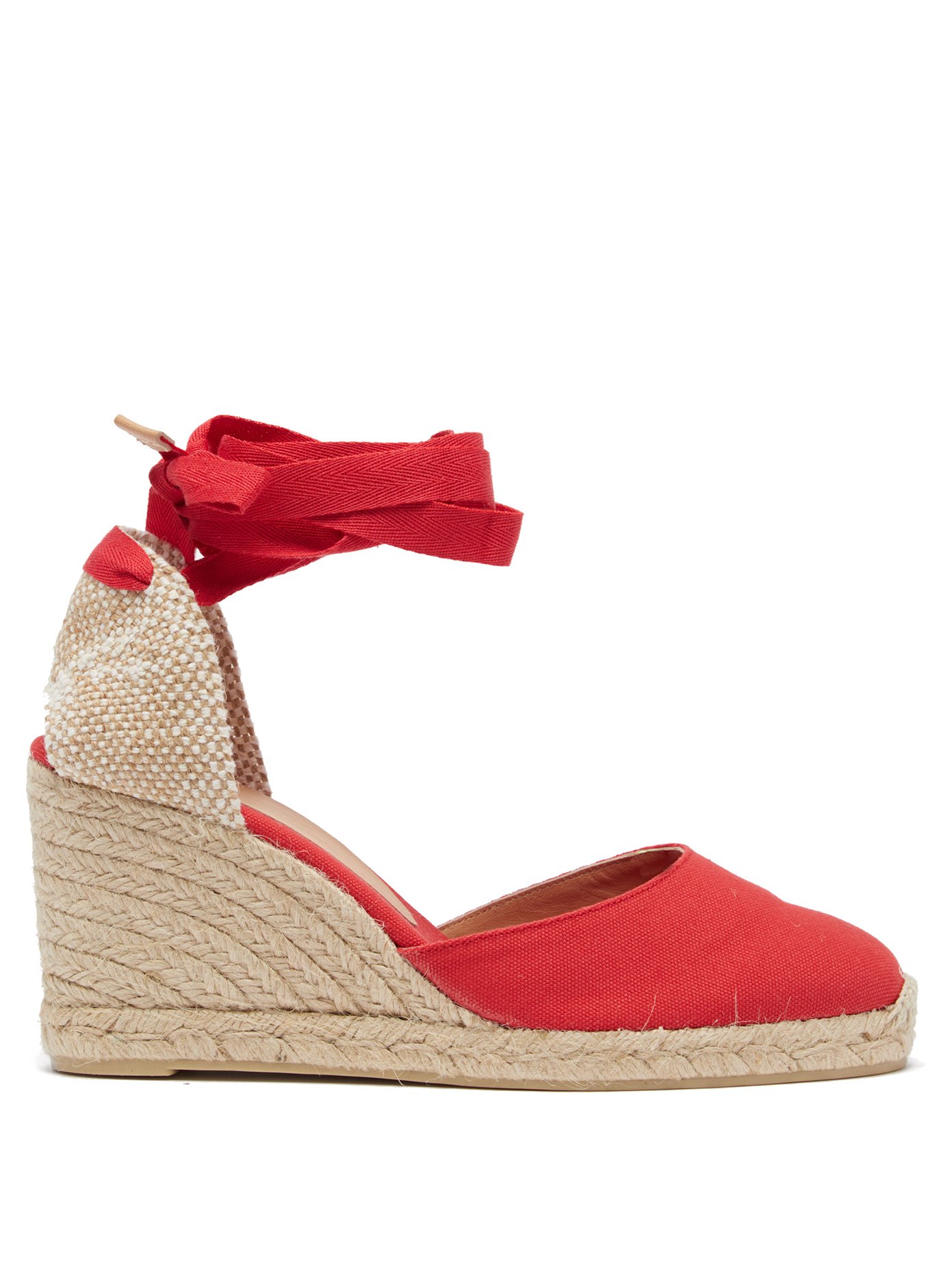red canvas wedges