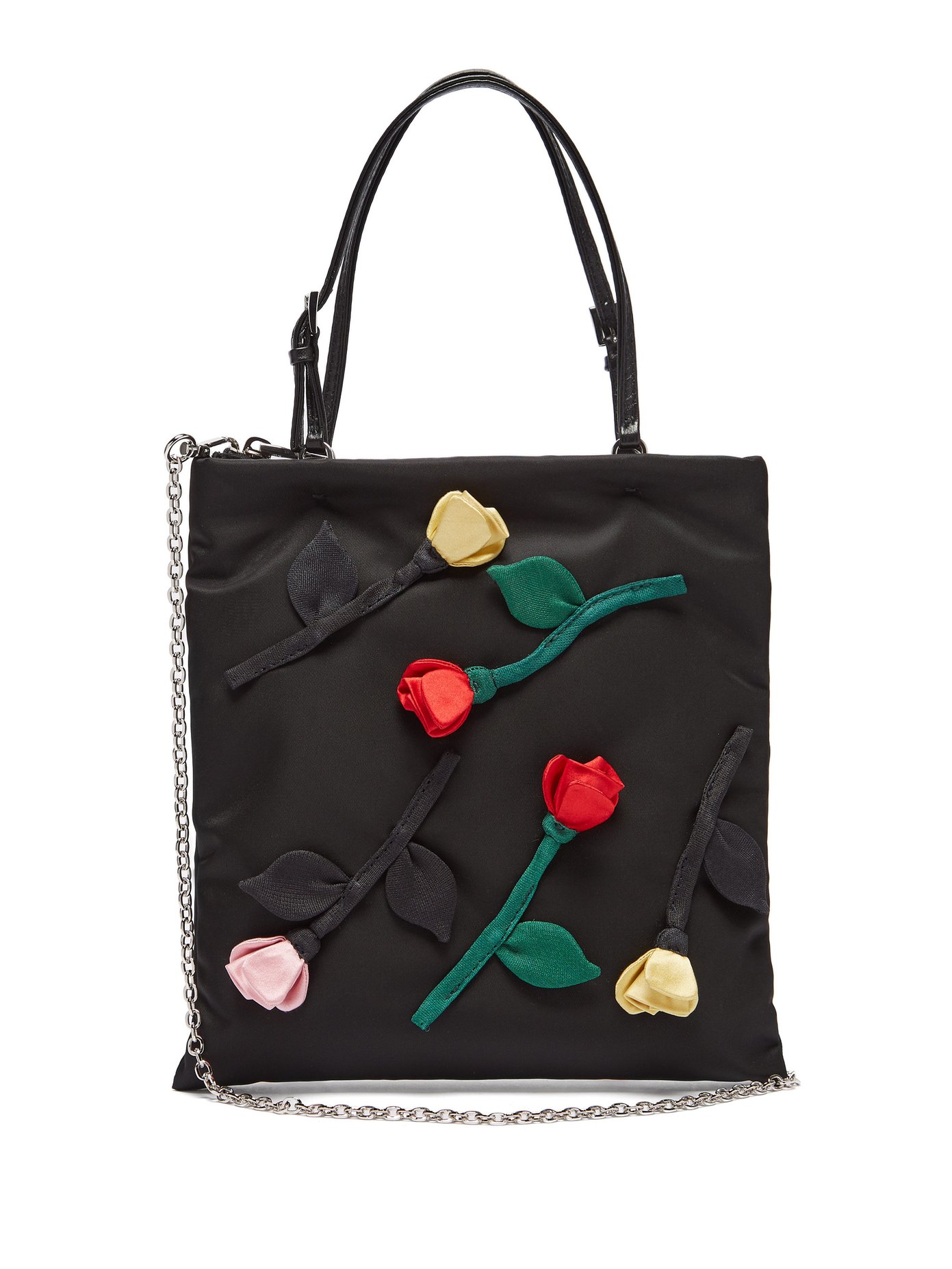 Prada Blossom Floral Embellished Silk Satin Shoulder Bag In Black Multi | ModeSens