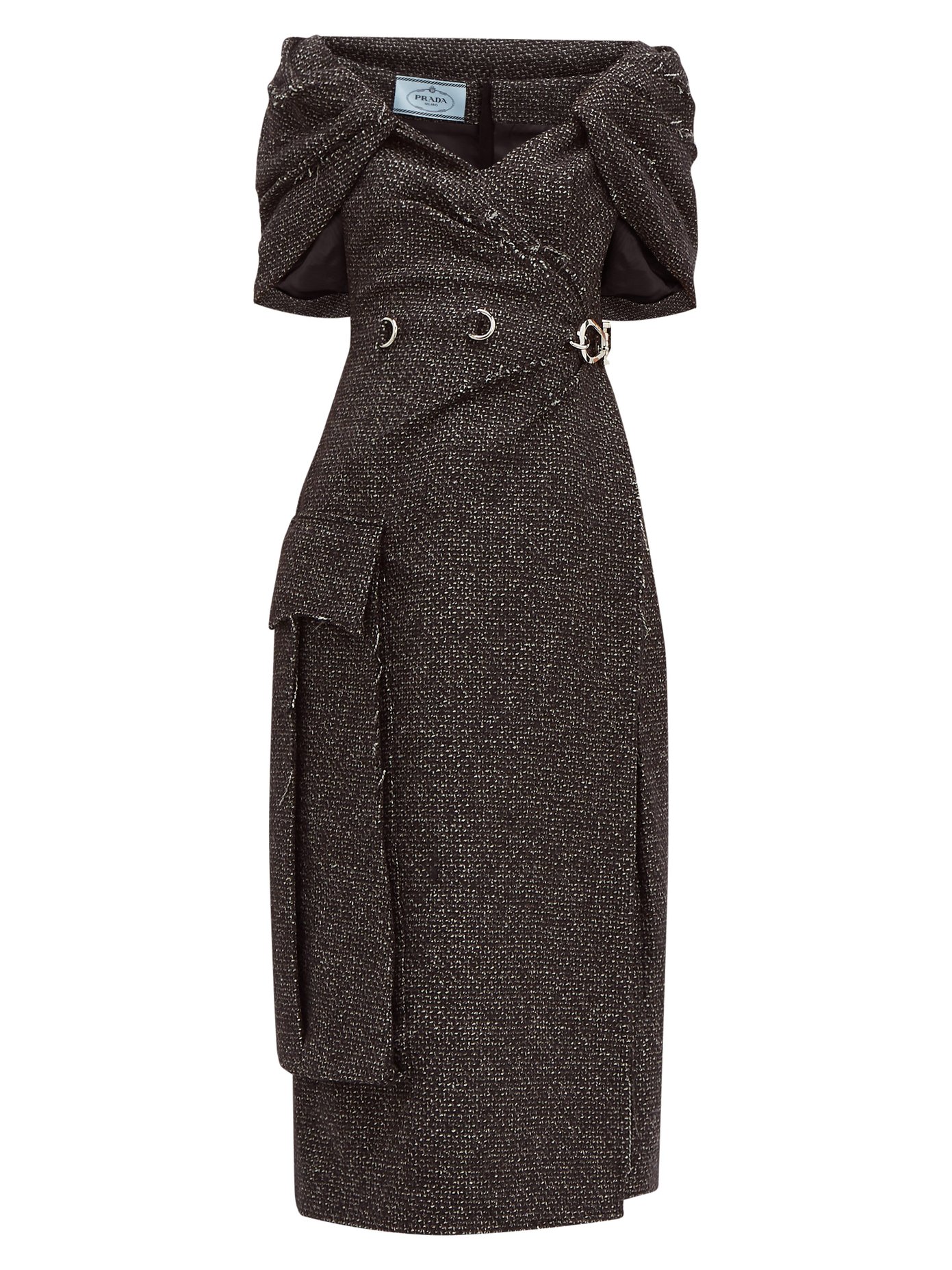 Cape-panel wool-blend tweed dress