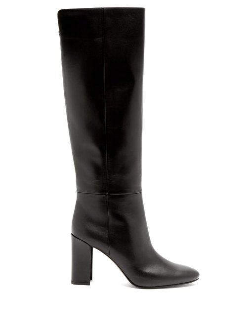 black leather knee high boots with heel