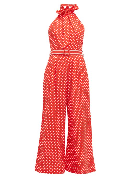 red polka dot jumpsuit