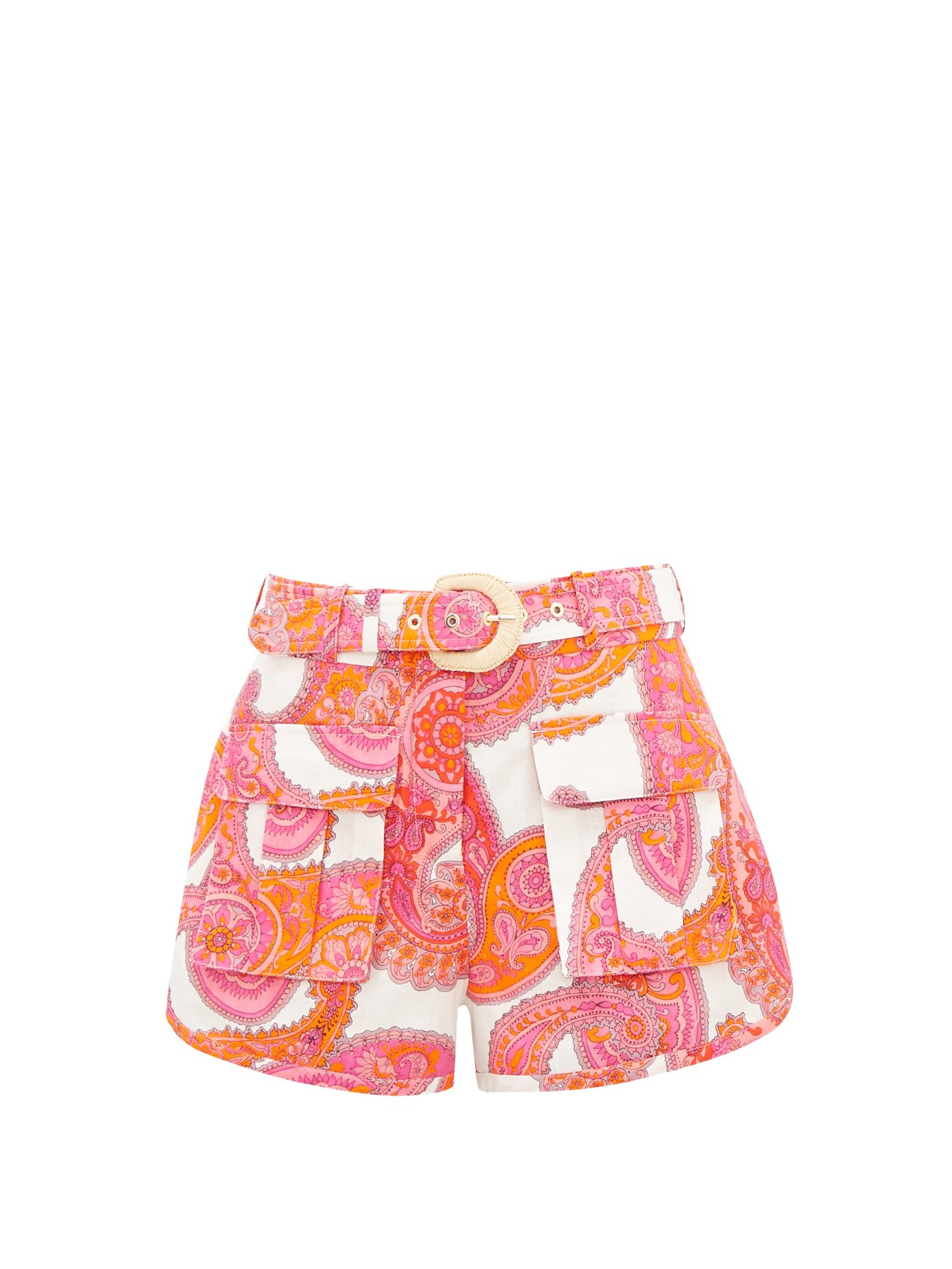 Zimmermann paisley print shorts in pink and orange.