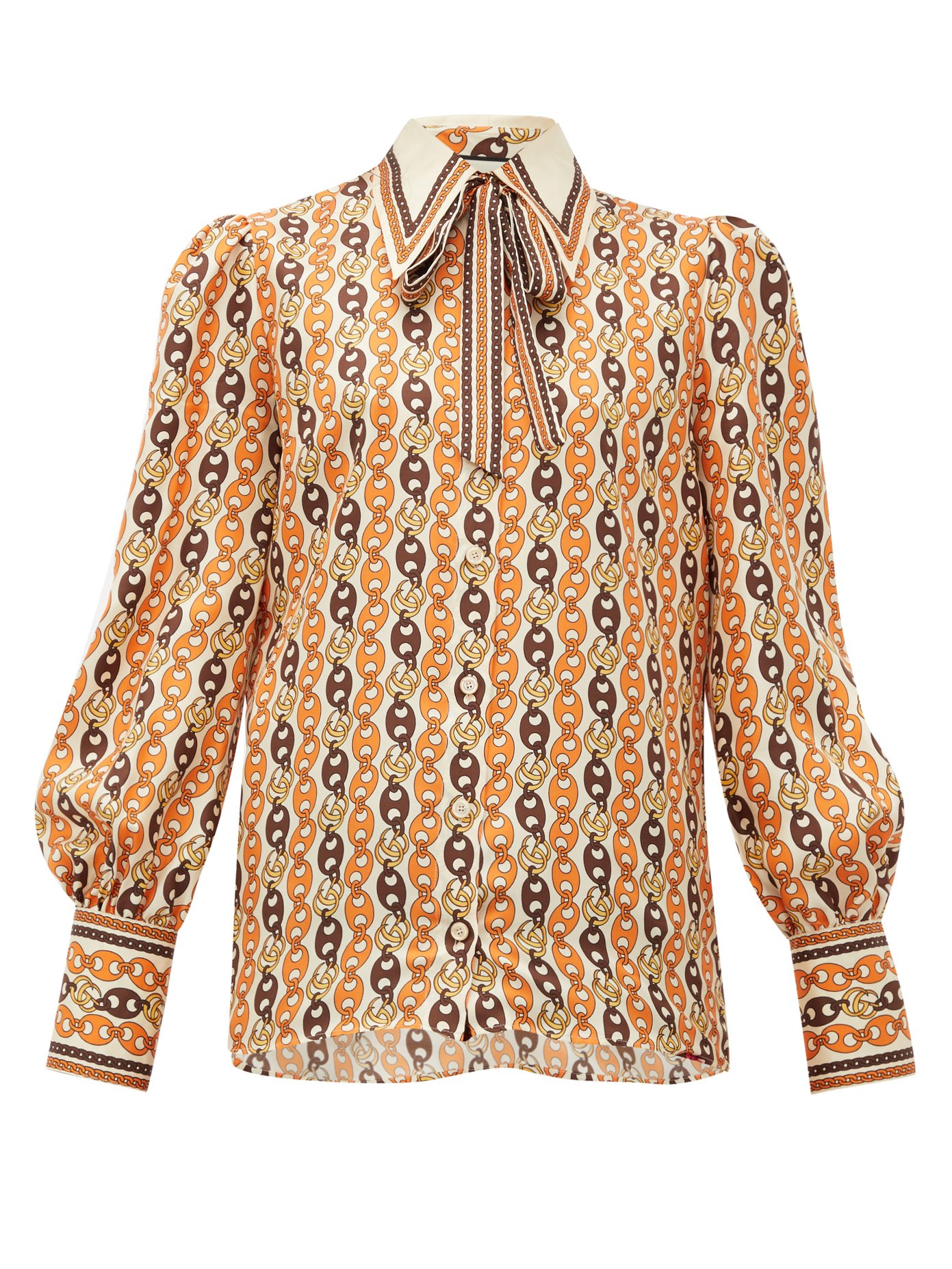 Neck-tie chain-print silk blouse 