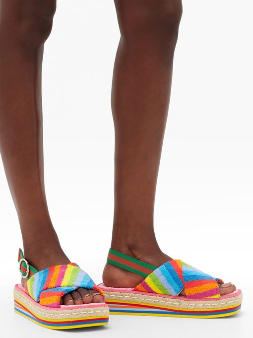 Rainbow-striped terry flatform sandals 
