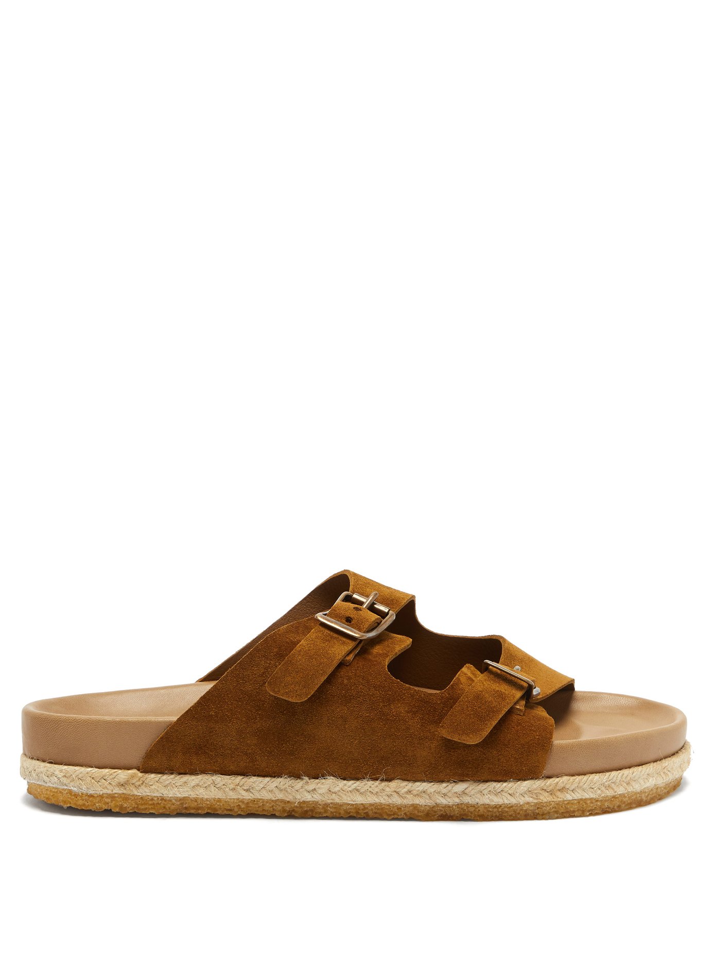 brown slip on sandals with two straps