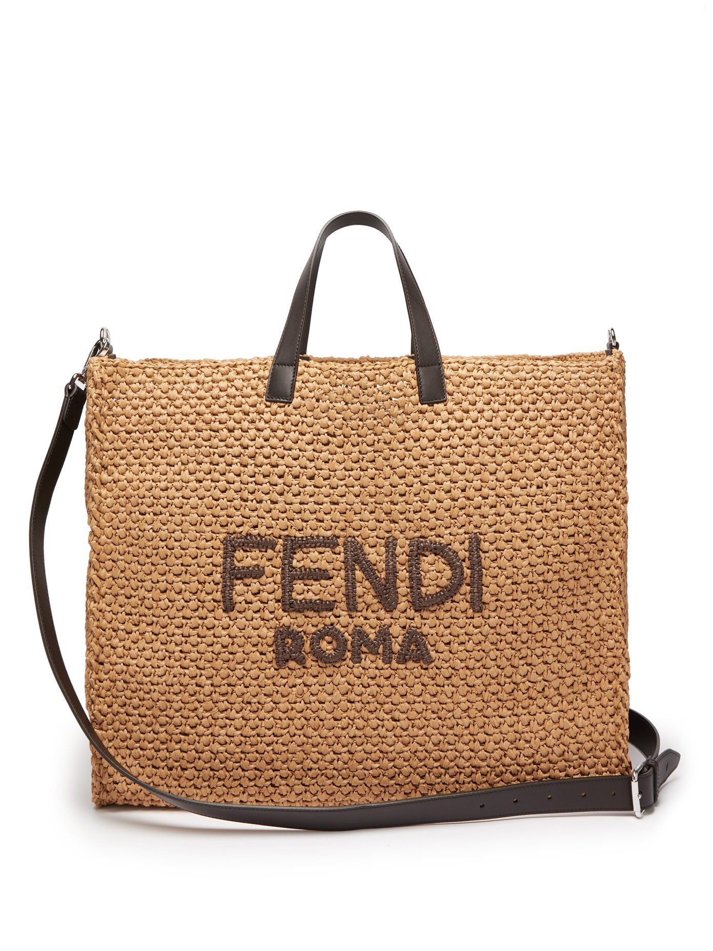 Handwoven leather-trimmed raffia tote 