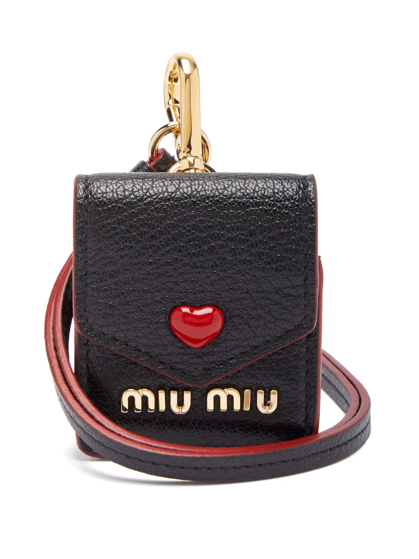 Miu Miu Heart Logo Leather Earphone Case In Black