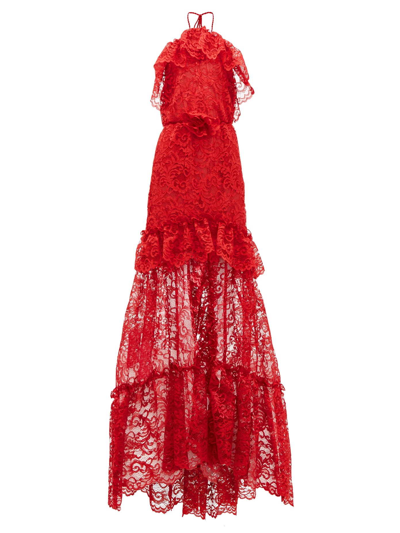 Ruffled halterneck guipure-lace gown 
