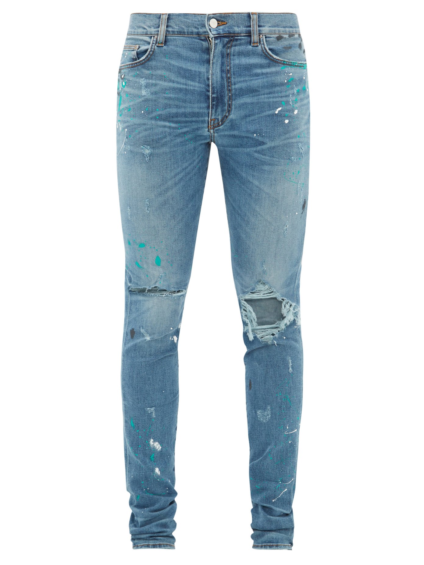 Amiri Paint Splattered Distressed Skinny Jeans In Blue | ModeSens