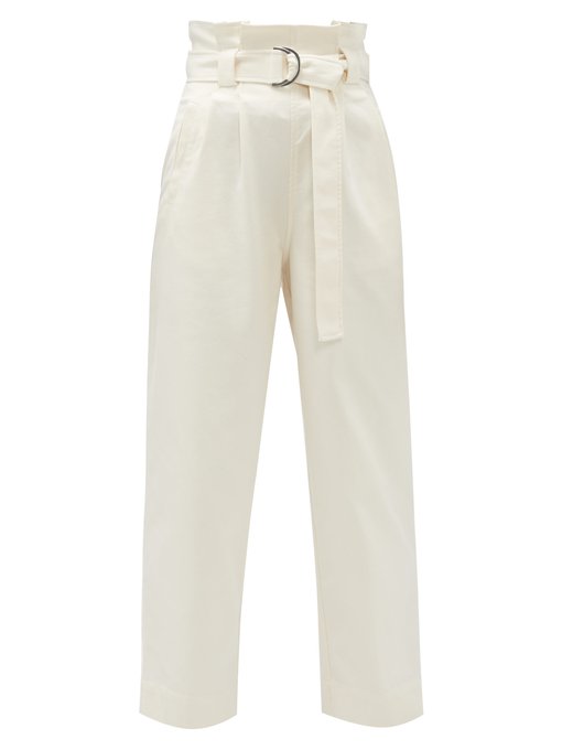 Belted paperbag-waist cotton-blend twill trousers | Ganni ...