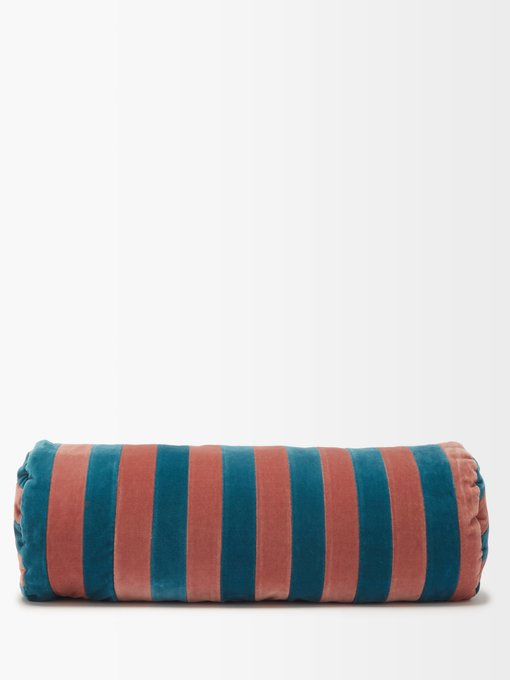 Christina Lundsteen Cylindrical striped cotton-velvet bolster cushion
