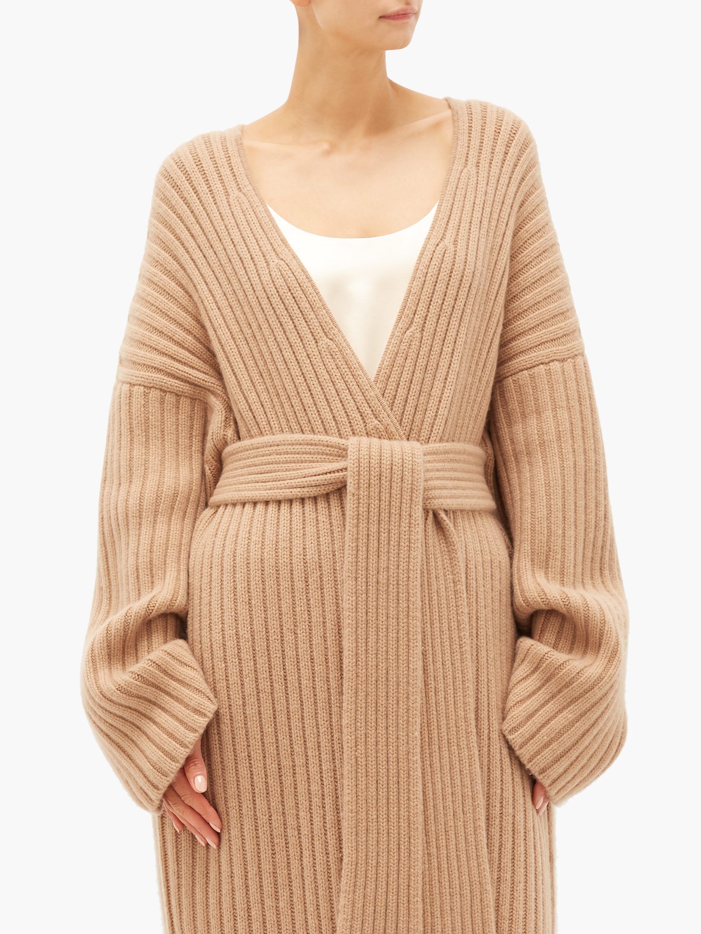 Raey Belted Ribbed-knit Cashmere Maxi Cardigan In Beige | ModeSens