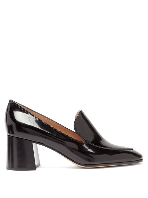 black leather heeled loafers womens