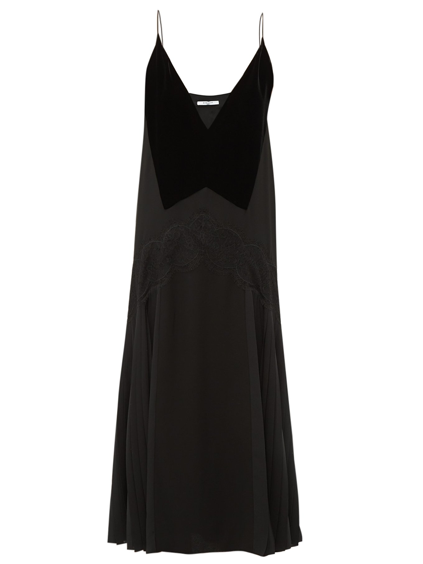 Black Lace-trim pleated midi dress 