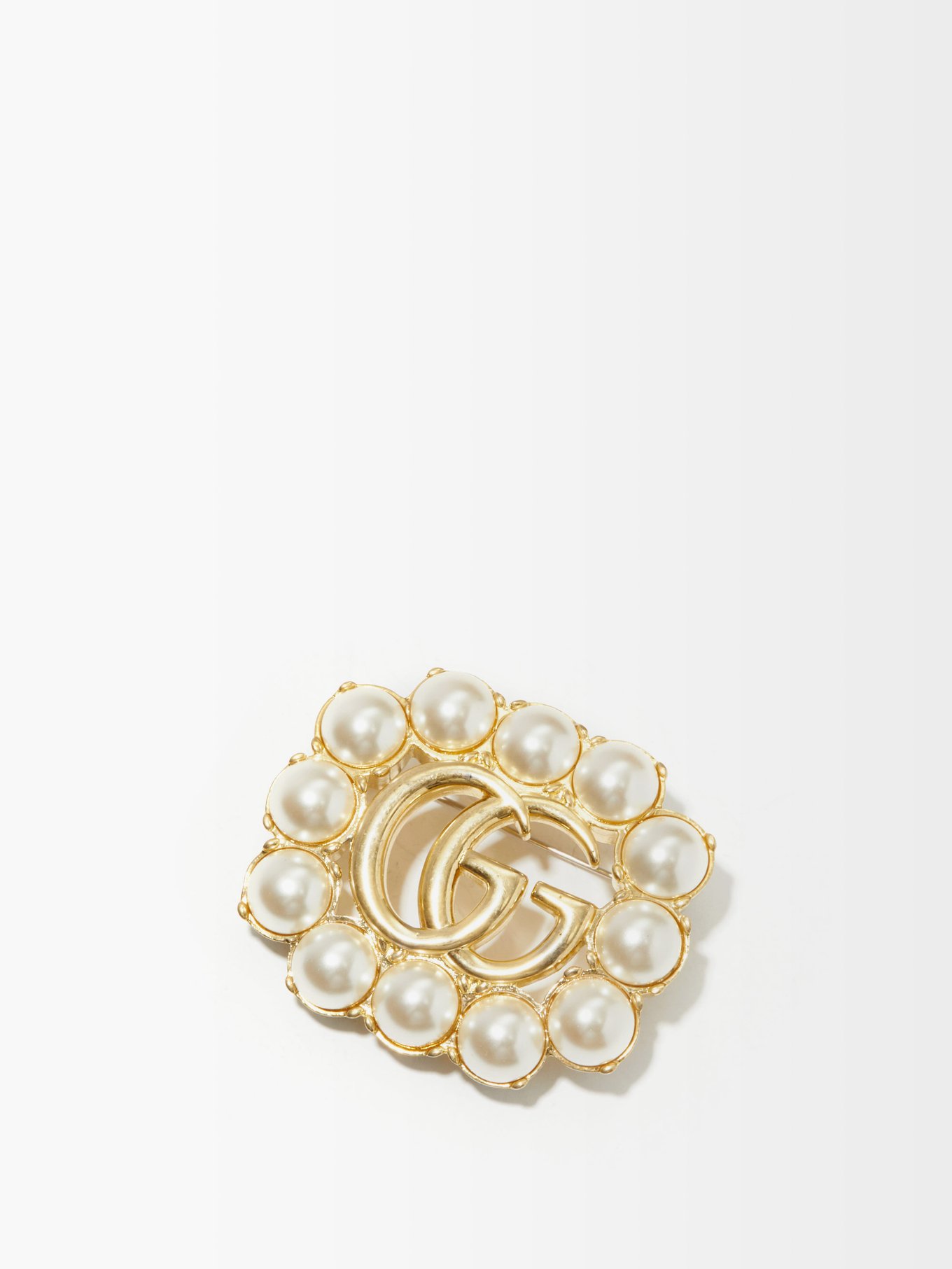 Metallic GG pearl-embellished brooch 