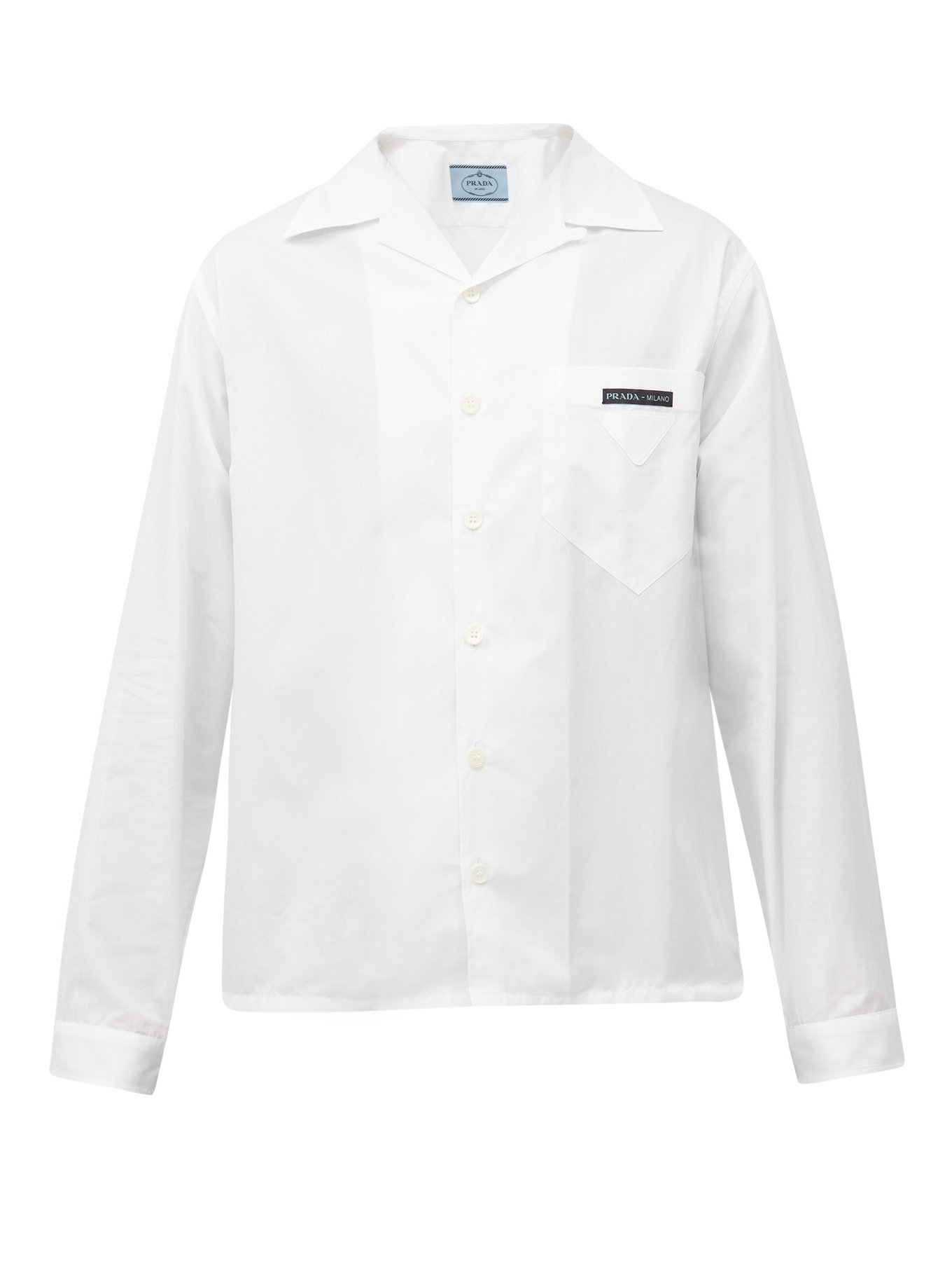 Prada White Logo-tab cotton-poplin bowling shirt | 매치스패션, 모던 럭셔리 온라인 쇼핑
