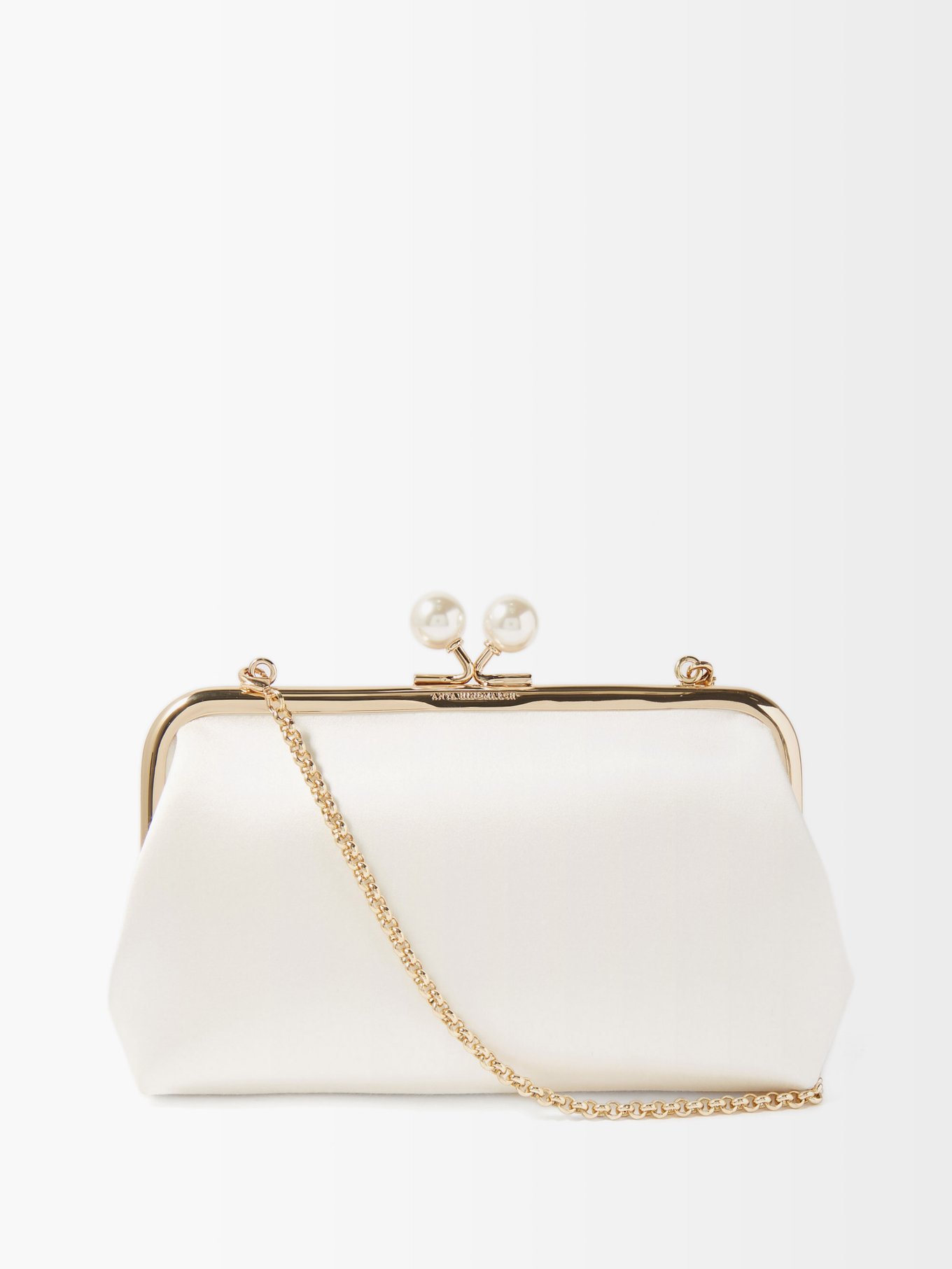 White Maud pearl-embellished satin clutch bag | Anya Hindmarch 