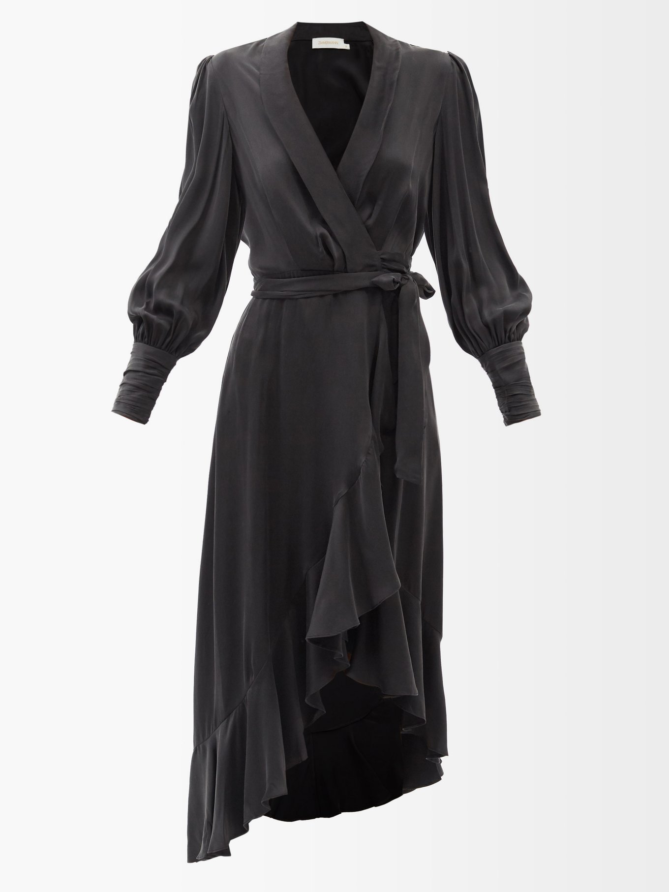Black Flounced silk-satin wrap dress ...