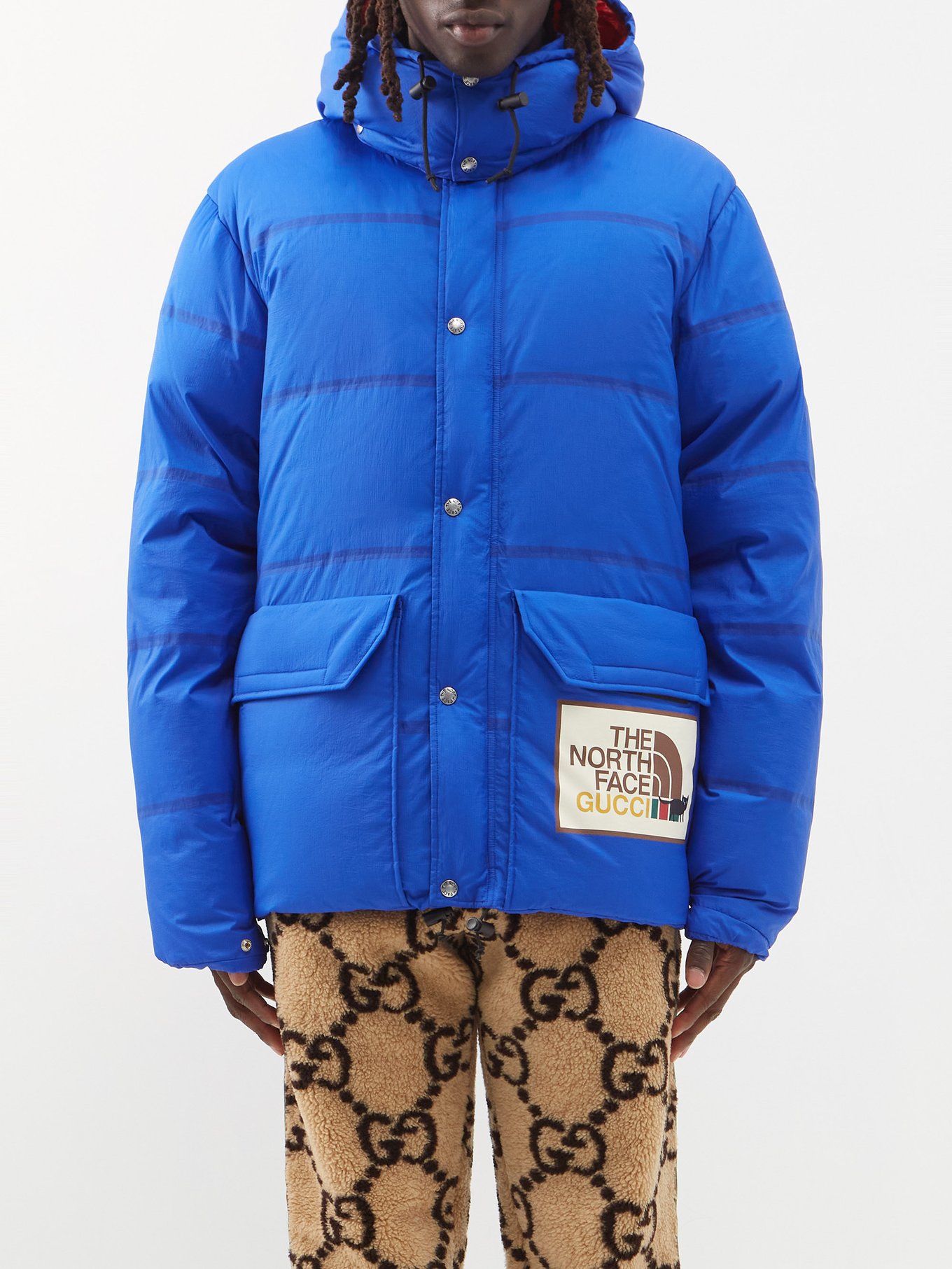 Blue X The North Face hooded quilted down coat | Gucci ...