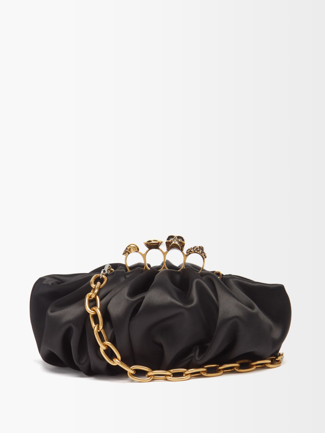 Black Four Ring gathered silk-satin clutch bag | Alexander McQueen 