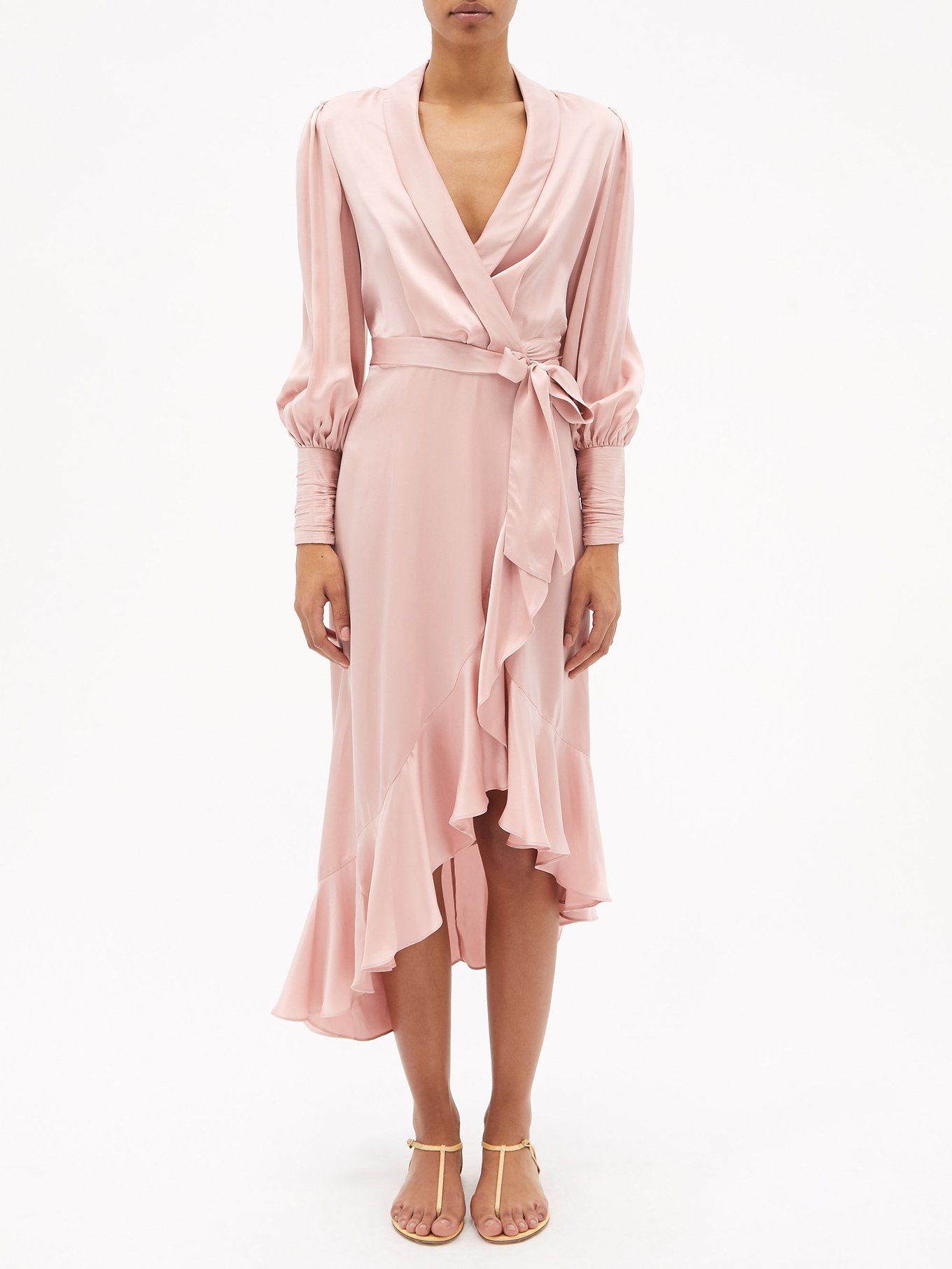 Pink Wrap-front belted silk midi dress ...