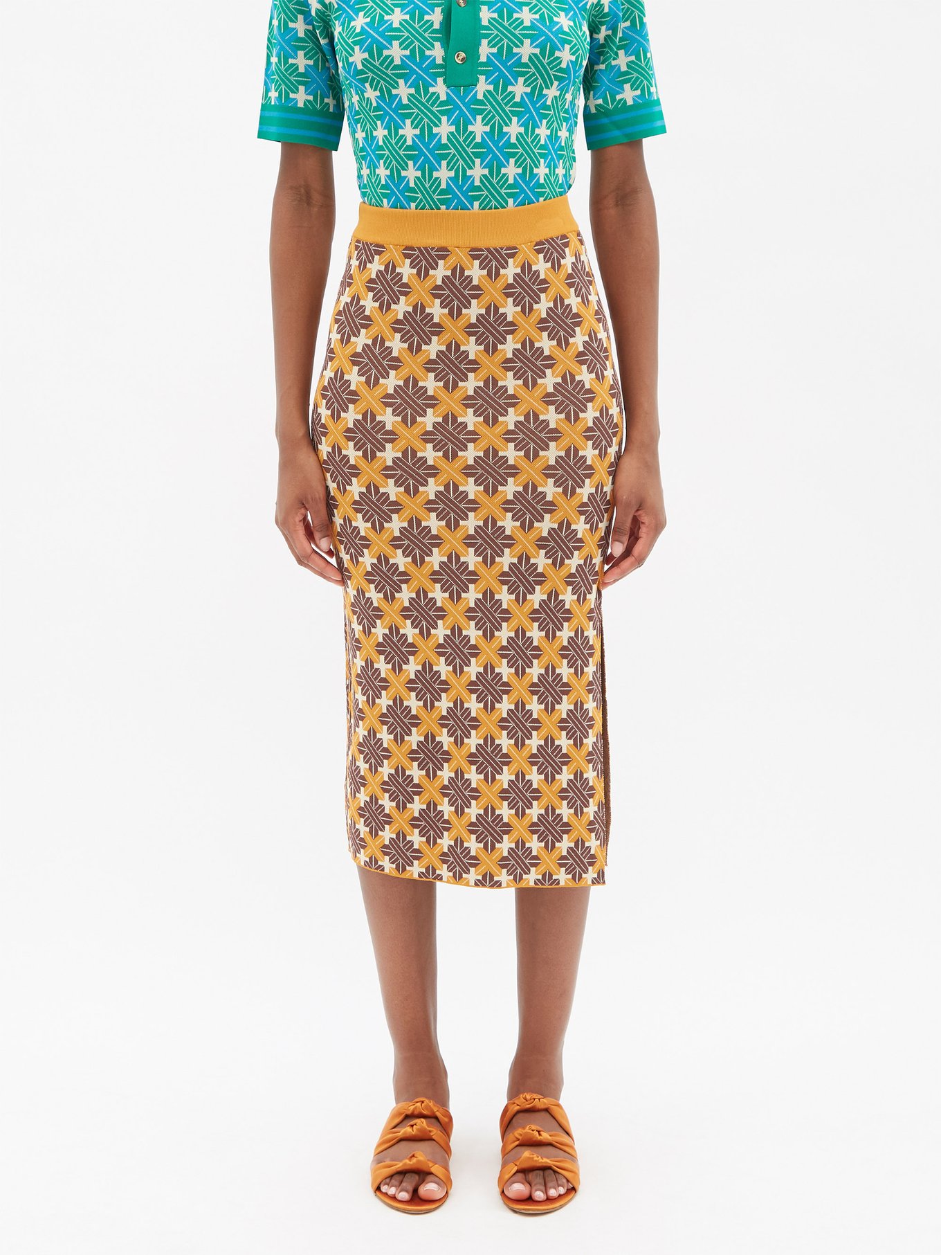 Brown Multi Ayla Side-slit Jacquard-knit Midi Skirt MATCHESFASHION Women Clothing Skirts Printed Skirts Womens 