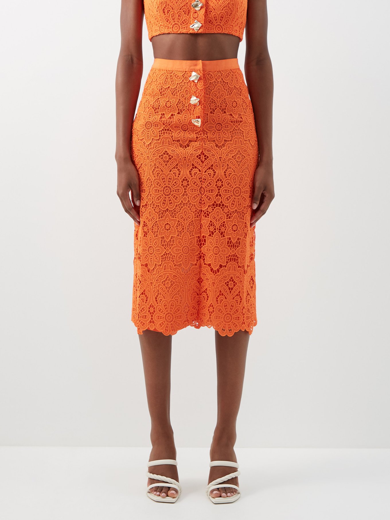 Orange Womens Guipure-lace Midi Skirt Portrait MATCHESFASHION Women Clothing Skirts Midi Skirts 