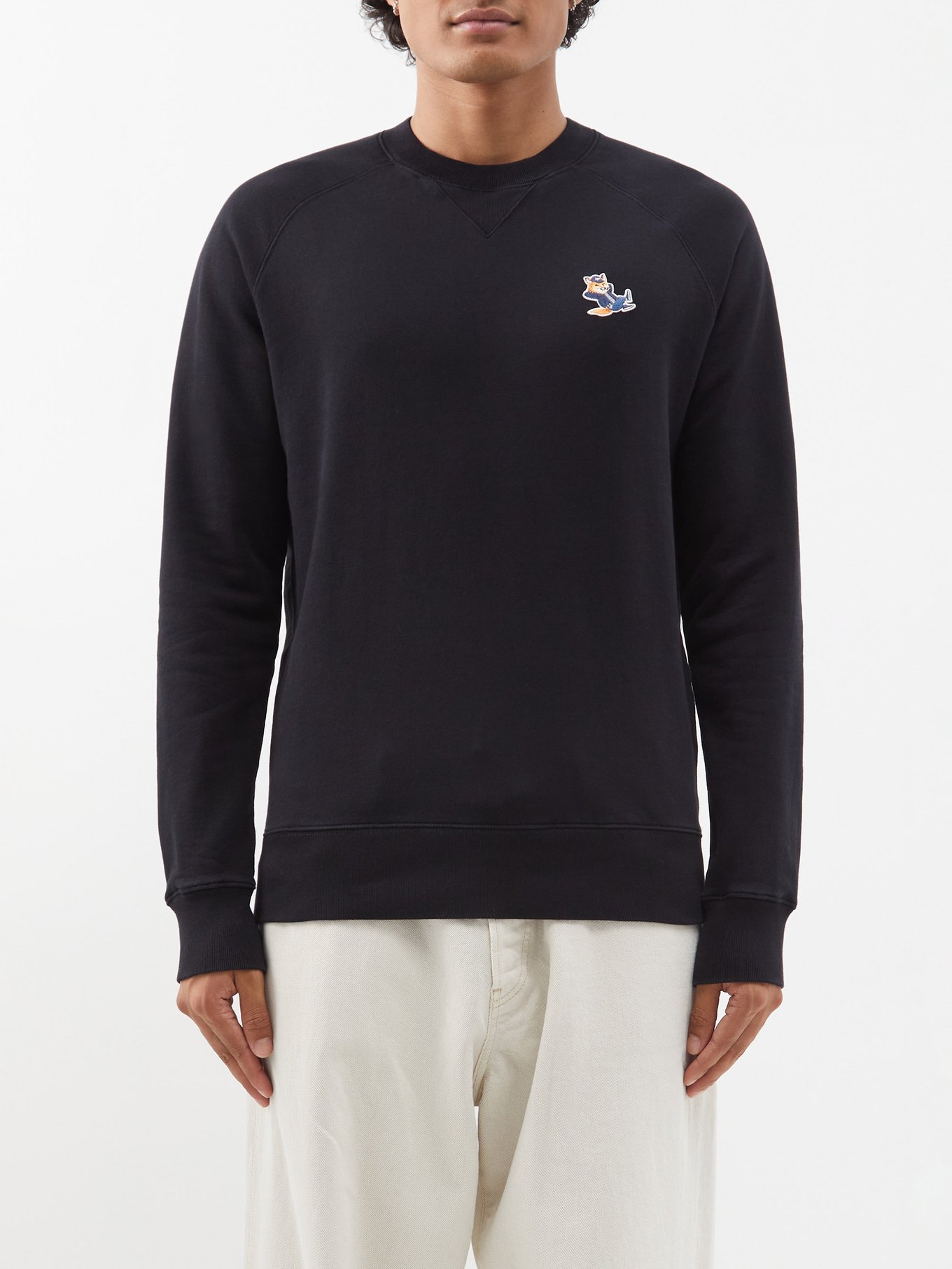 Black Dressed Fox-patch Cotton-jersey Sweatshirt Mens MATCHESFASHION Men Clothing Sweaters Sweatshirts 