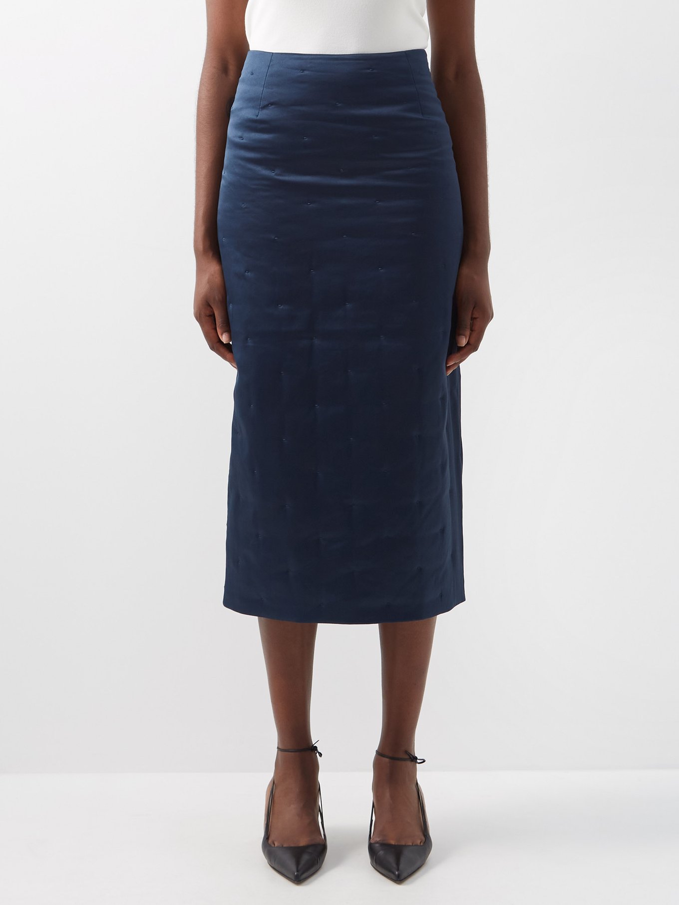 High-waist Padded Silk-satin Midi Skirt Womens Dark Blue MATCHESFASHION Women Clothing Skirts Midi Skirts 