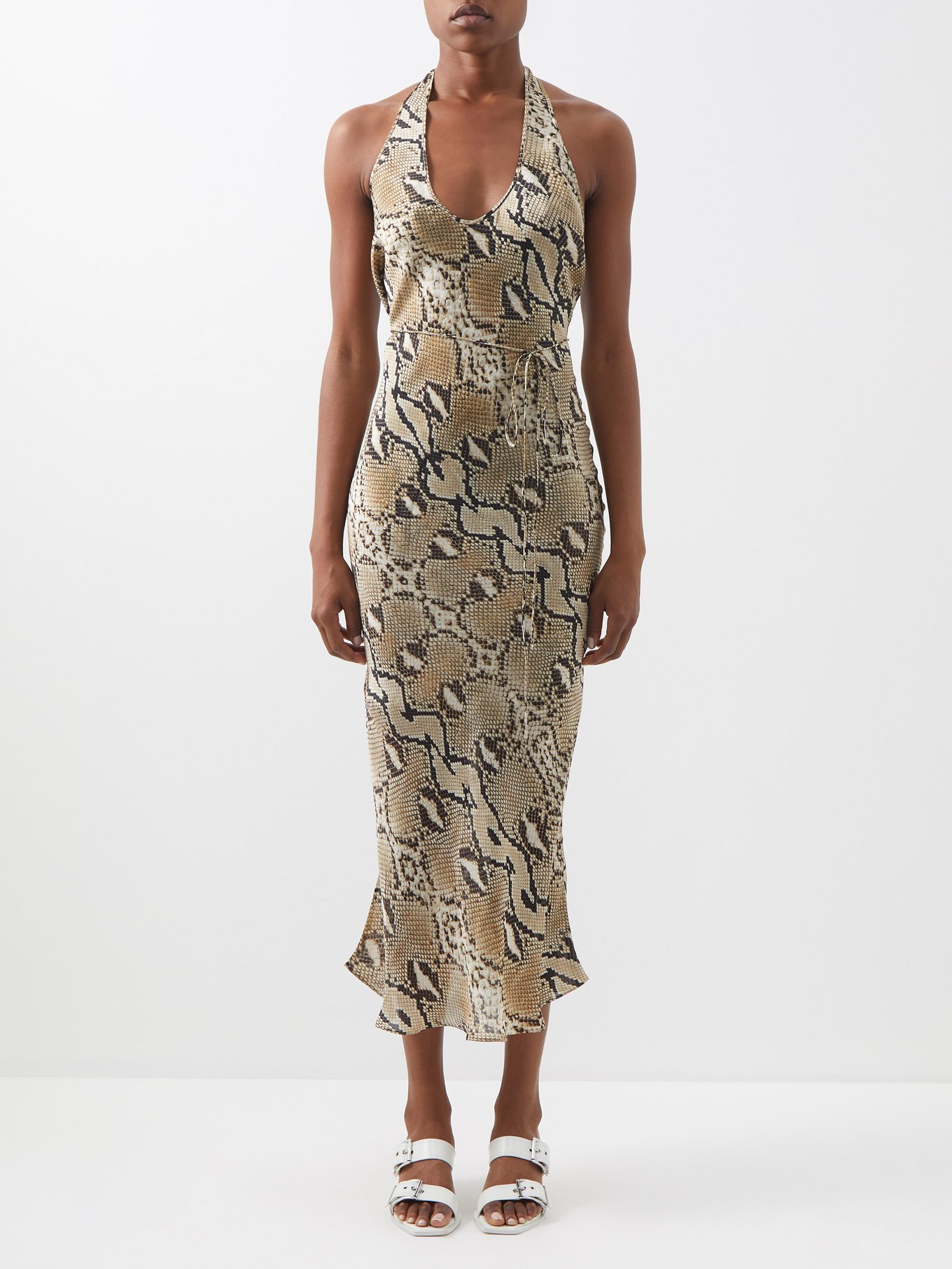 Abby Halterneck Python-print Silk Dress Womens MATCHESFASHION Women Clothing Dresses Printed Dresses Beige Multi 