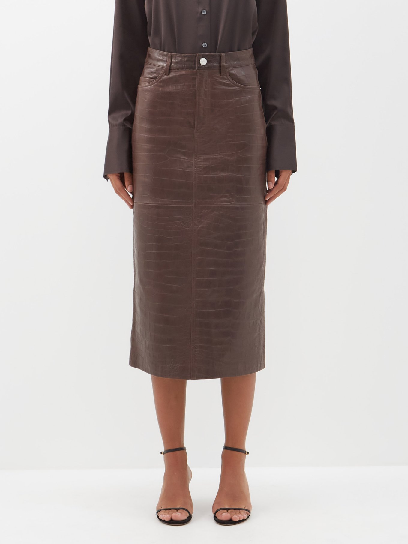 Croc-effect Leather Midi Skirt Womens Dark Brown MATCHESFASHION Women Clothing Skirts Leather Skirts 