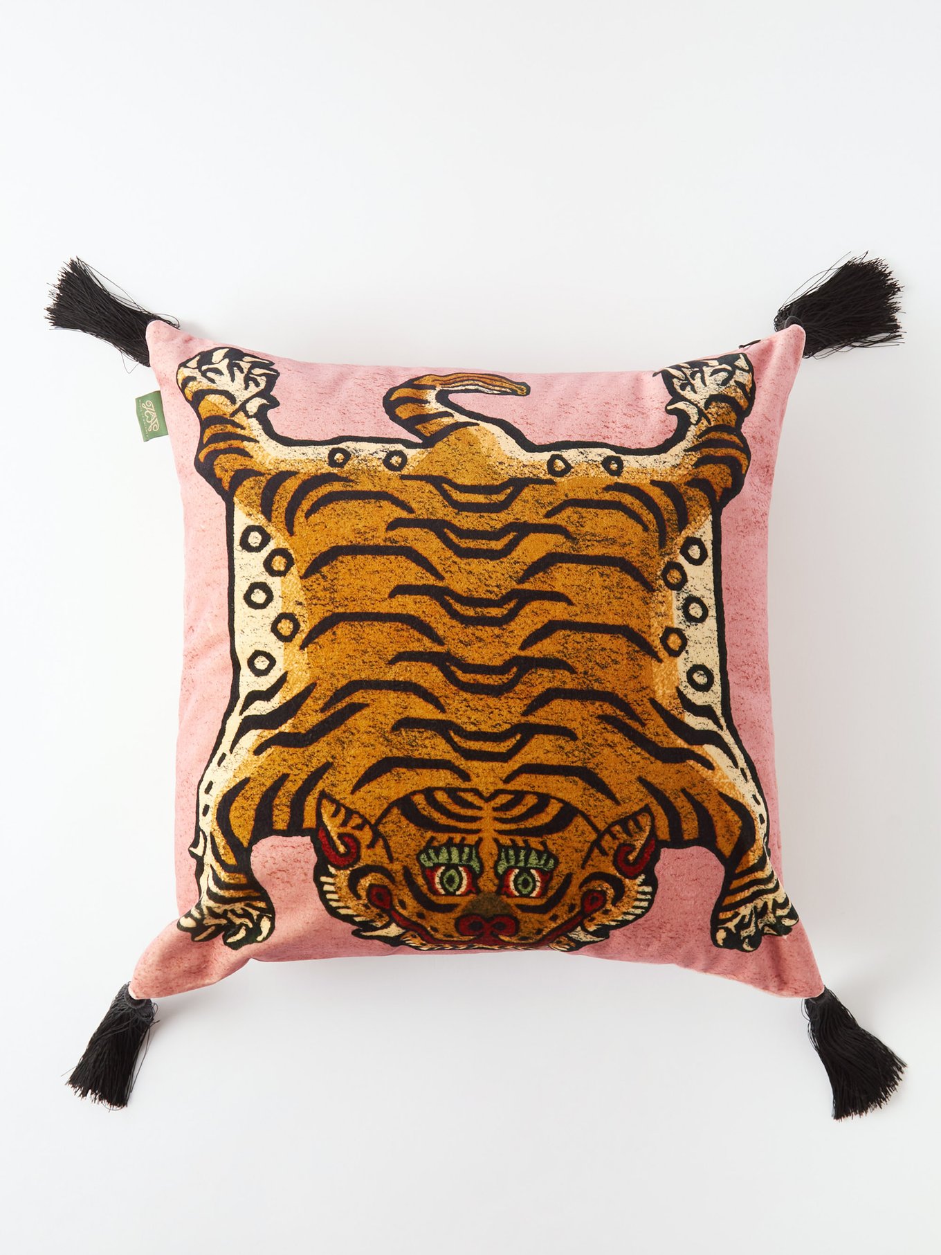 Saber tiger-print tasselled velvet cushion | House of Hackney