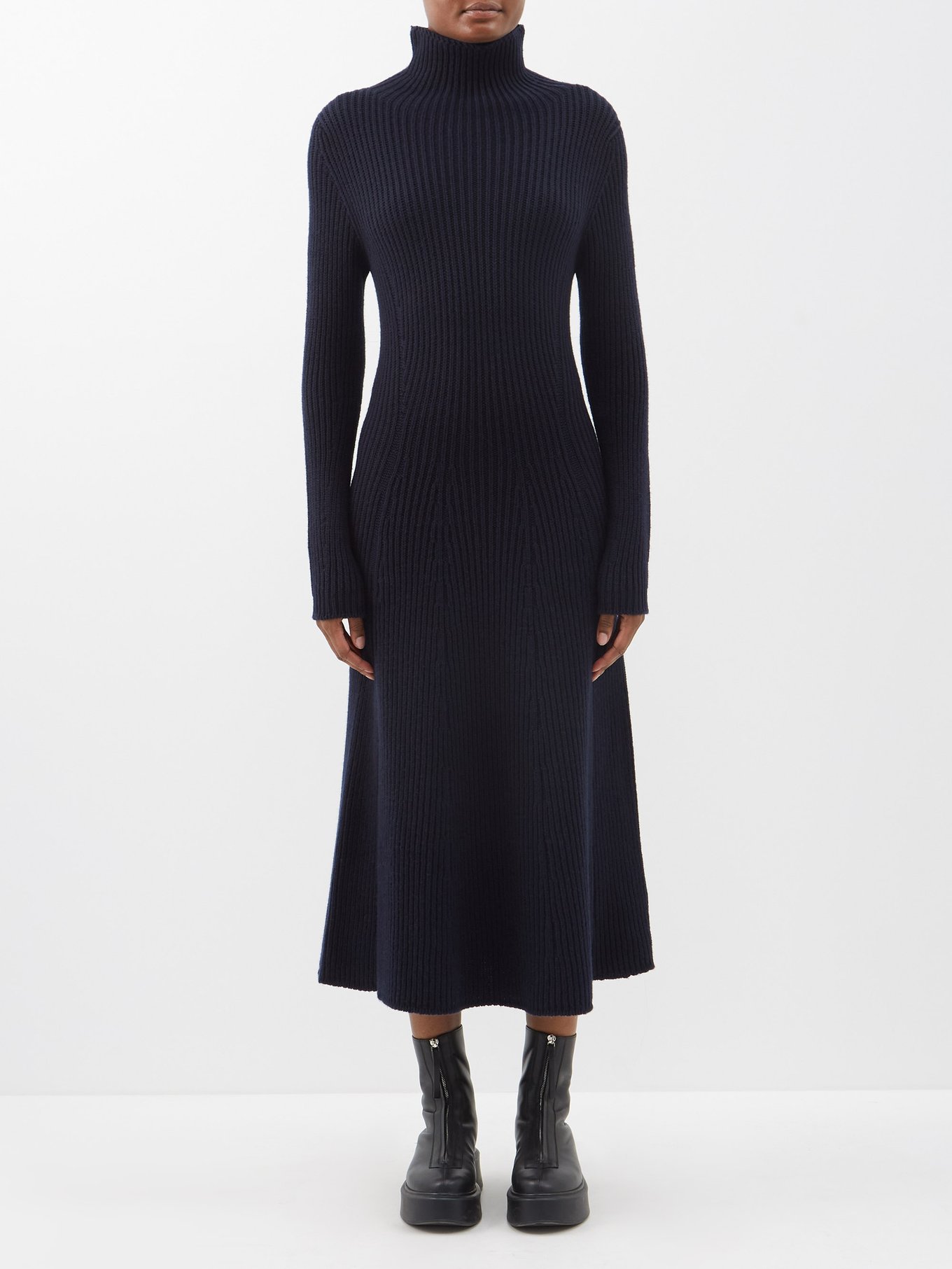 MATCHESFASHION Women Clothing Dresses Knitted Dresses Womens High-neck Ribbed-knit Cashmere Midi Dress Navy 