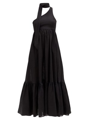 One shoulder sash-neck linen midi dress 